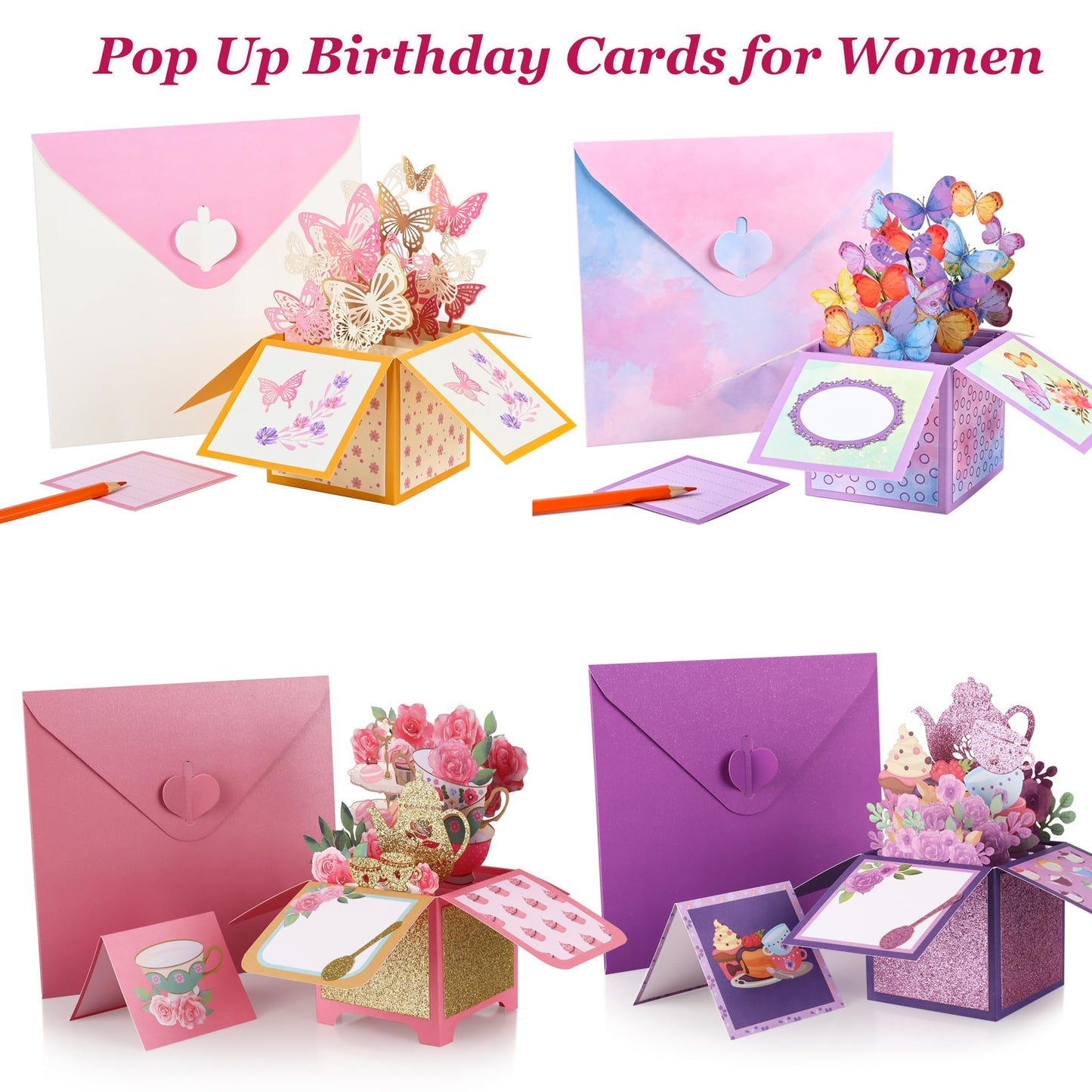 Giiffu 4 Pack 3D Pop Up Birthday Cards for Women, Butterfly & Floral Tea Party Designs, Pop Up Flower Bouquet Cards with Envelopes & Notes, Birthday, Mothers Day, Thank You Cards