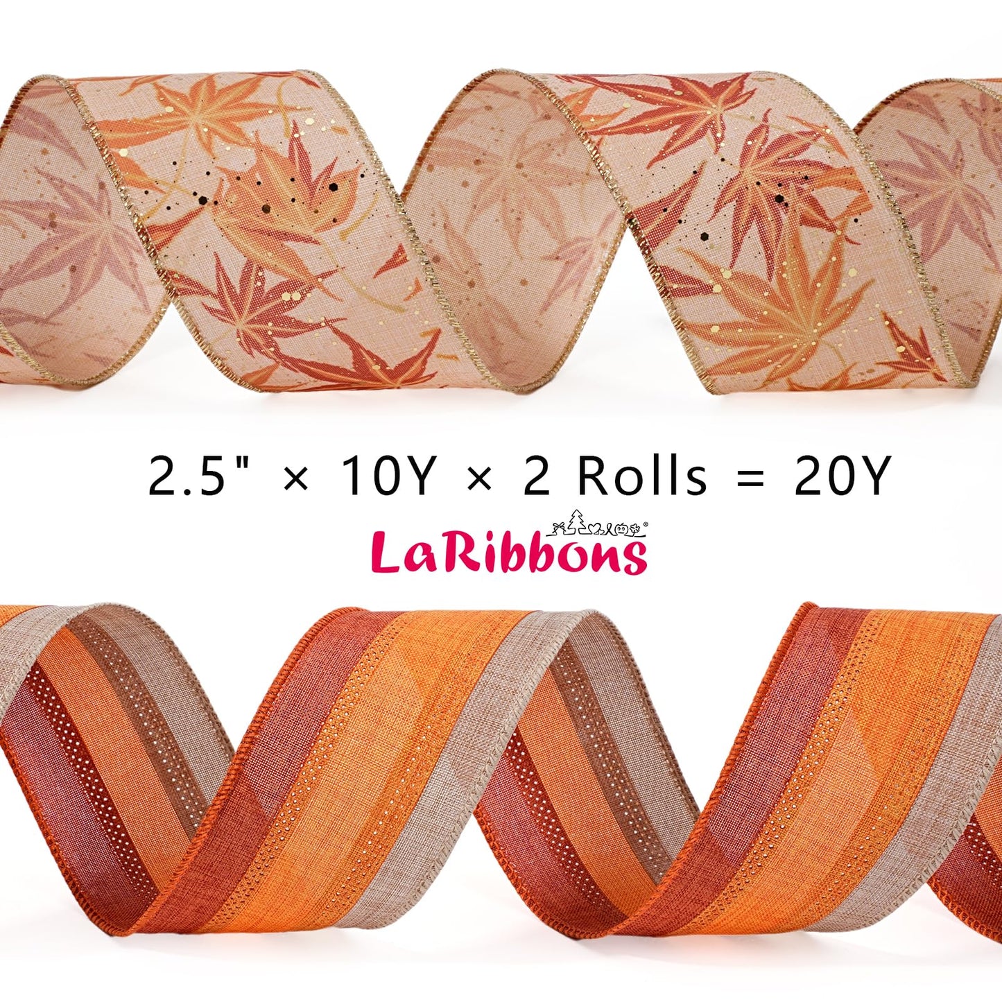 LaRibbons Fall Burlap Ribbon Wired 2 1/2" x 10 Yards 2 Rolls, Maple Leave Striped Ribbon for Autumn Wreath Thanksgiving Farm Gift Wrapping Home Decor