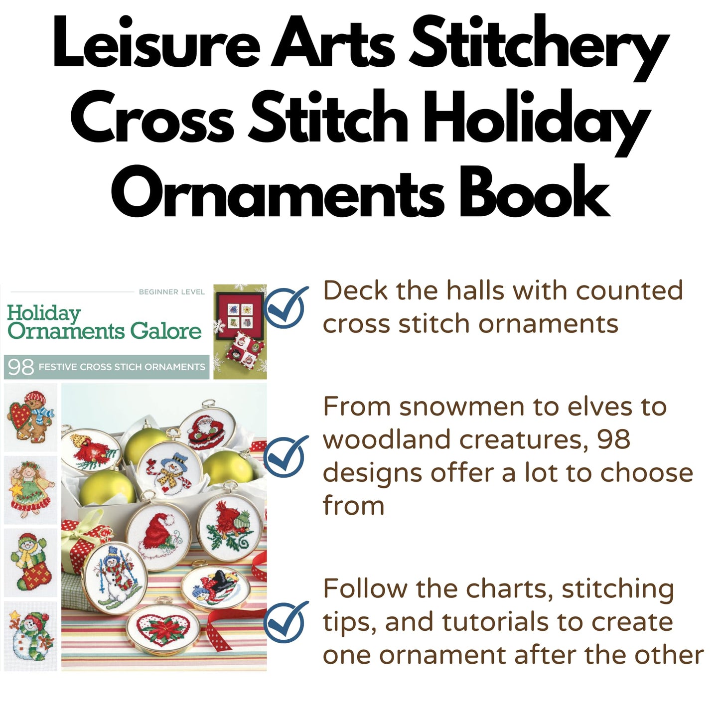 Cross Stitch Holiday Ornaments Galor Cross Stitch Book- Pattern Kits from Snowmen to Elves to Woodland Creatures, 98 Christmas Ornaments Design.