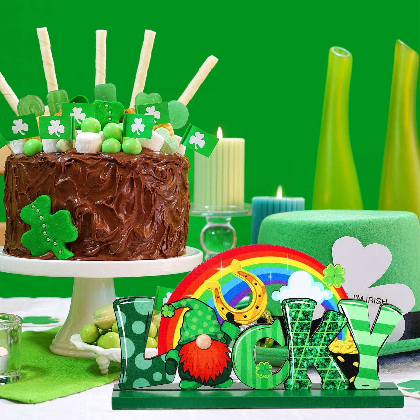 3 Pieces St. Patrick's Day Table Decoration Shamrock Sign Centerpieces Leprechaun Decoration Wooden Irish Themed Decor for St. Patrick's Day Dinner Coffee Tier Tray, 7.87 x 4.72 Inch