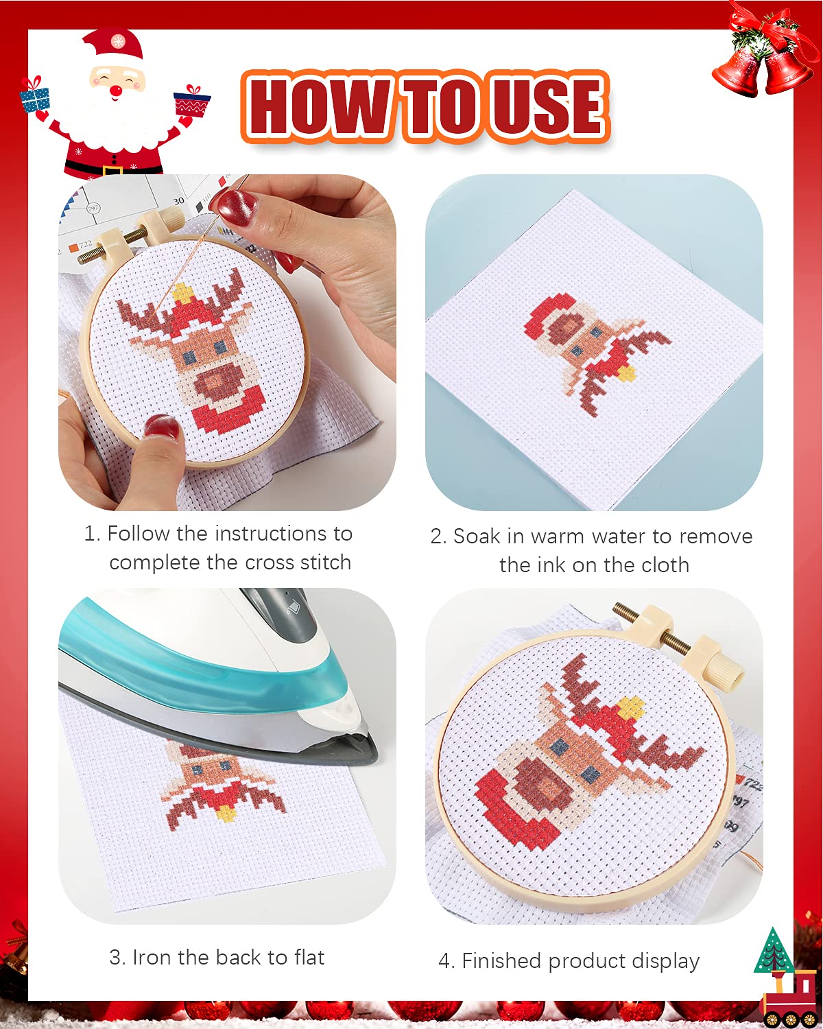 Pllieay Christmas Cross Stitch Beginner Kits for Kids 7-13, Includes 6pcs Project Cross Stitch Pattern and 2pcs Hoops, 14 Skeins Embroidery Floss, Needle Point Starter Kit Sewing Set with Instructions
