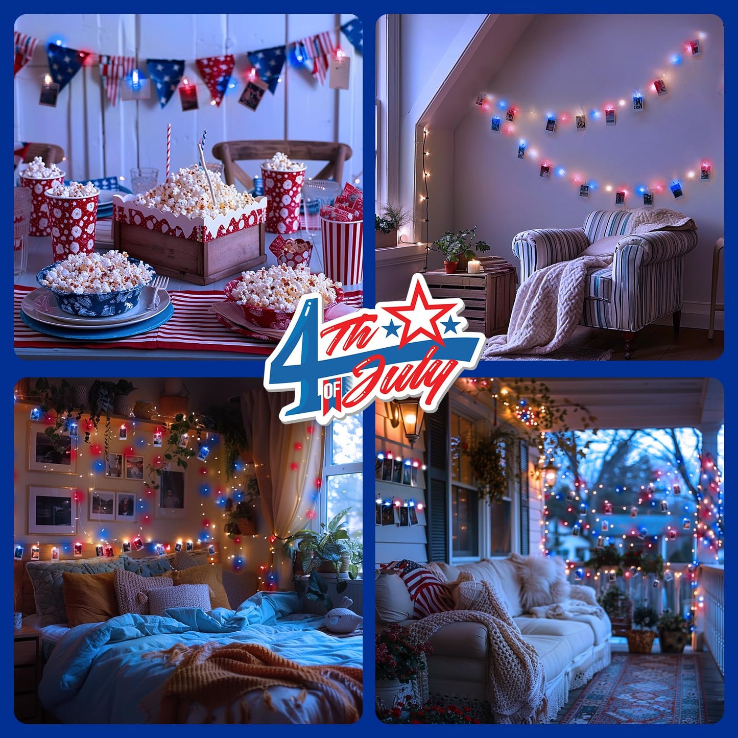 4th of July Red White Blue 100 LED 50 Photo Clips String Lights Holder 33FT Starry Fairy Lights for Hanging Pictures Cards Memos USB Powered with Switch Perfect for Bedroom Dorm Christmas Decor