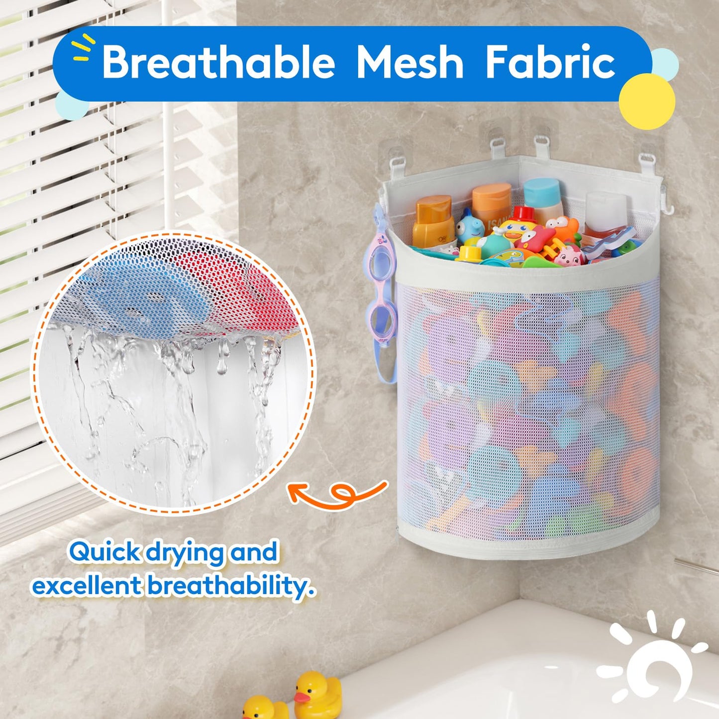 Bath Toy Storage Holder, Mesh Shower Caddy for Bathtub Toy Organizer, Corner Hang-Suspension Shower Toy Holder, Bath Toy Basket with 4 Adhesive Hooks for Kids, Toddlers, Large, White