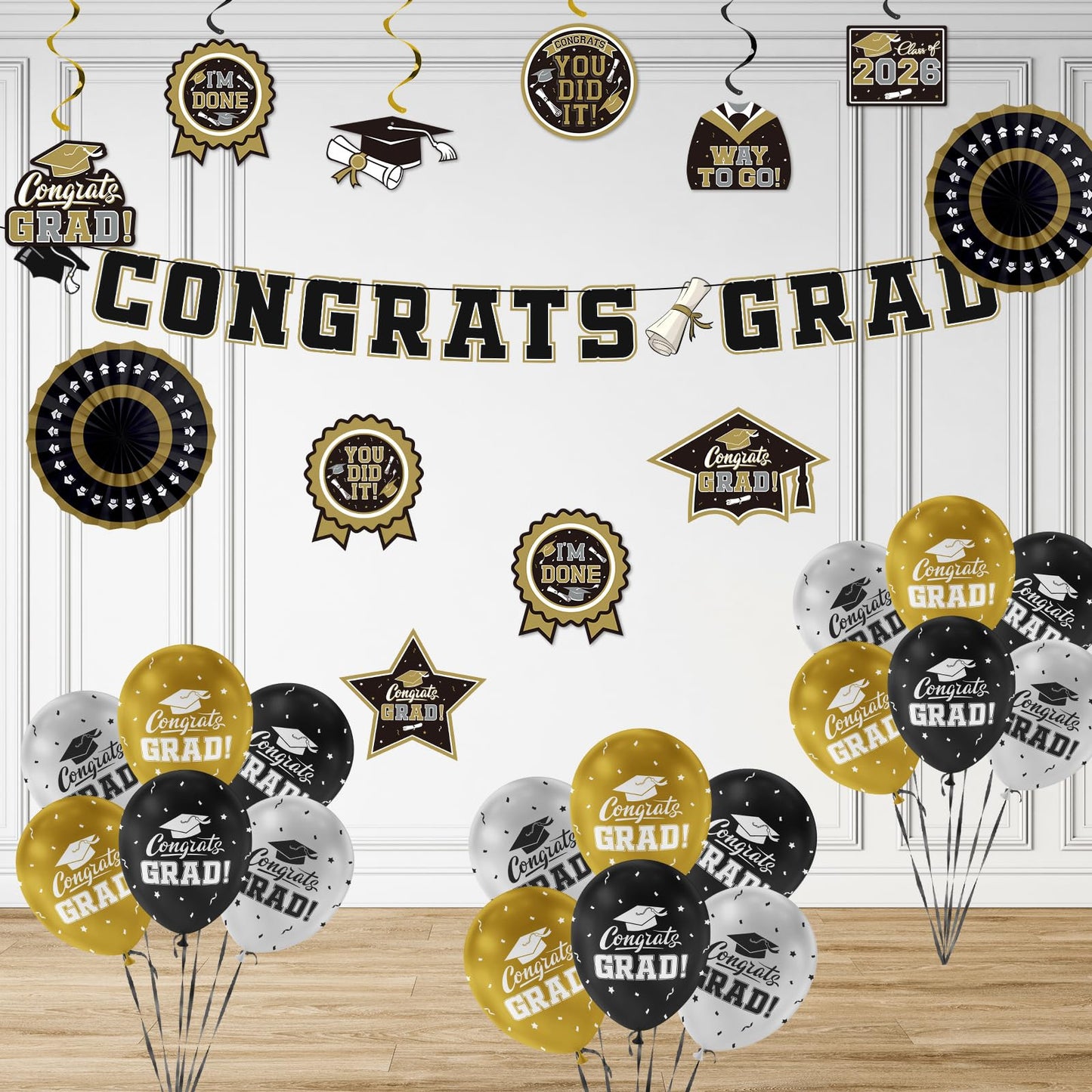 Black and Gold Themed 2026 Graduation Decorations Set - Congrats Grad Banner, Class of 2026 Backdrop, Balloons & Streamers Kit - Graduation Party Supplies for High School & College Celebrations