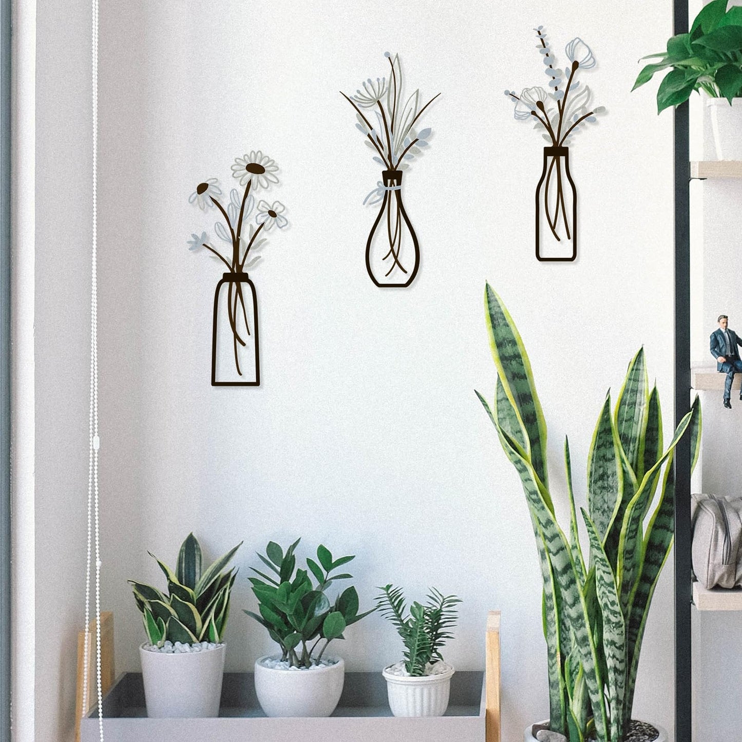 3 Pieces Metal Vase Flowers Wall Arts - Rustic Farmhouse Style Décor Metal Wall Art Black Minimalist Flower Natural Themed Wall Decors for Home Bedroom Dining Room Housewarming (Brown-Blue, Vase-C)