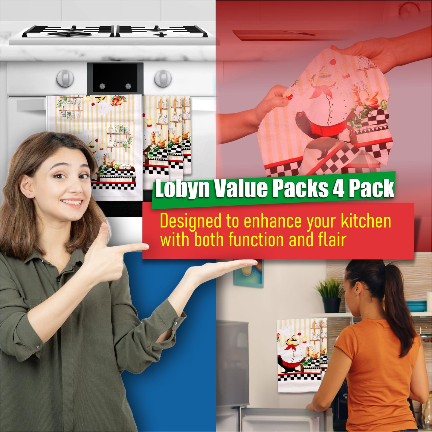 Lobyn 4-Pack Chef Dish Towels – Absorbent Lightweight Kitchen Towels 15x25, Decorative Cooking and Baking Kitchen Décor Towels