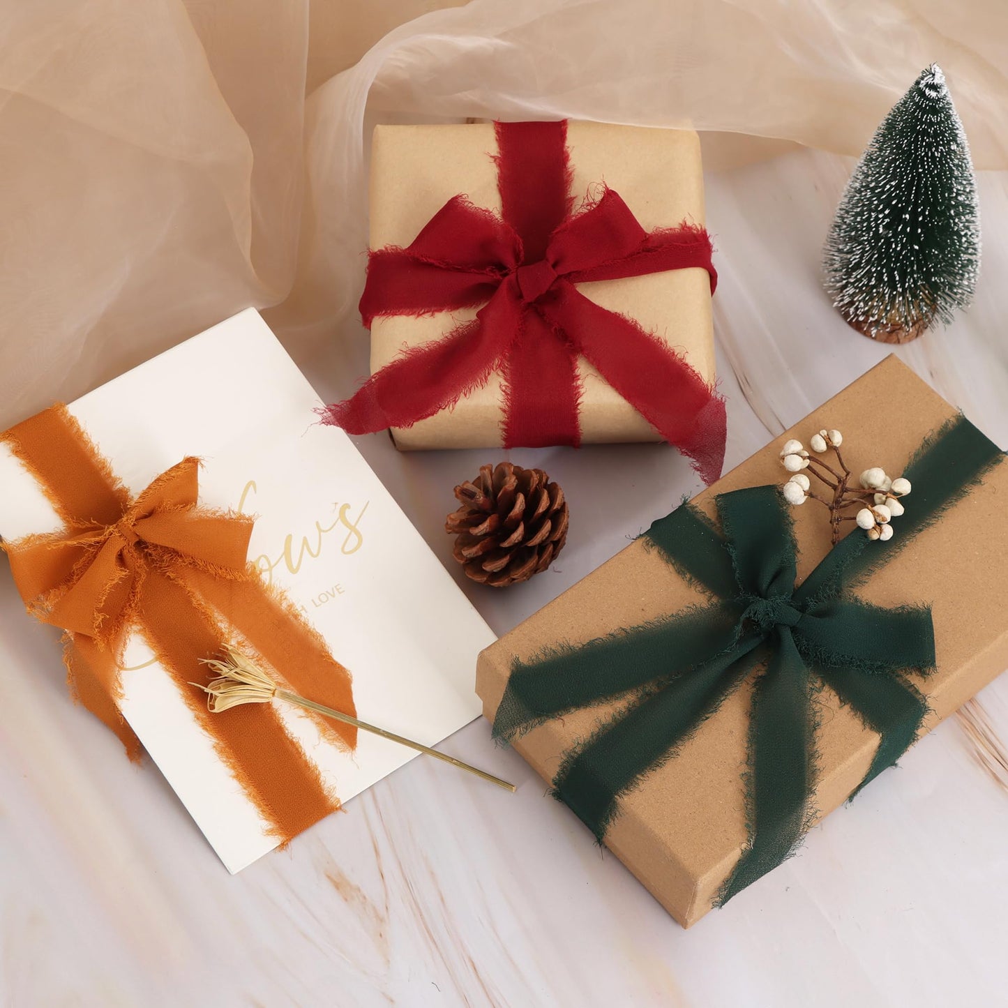 4 Rolls Silk Chiffon Ribbon, 1-1/2 Inch x 22yds, Sage Green Chiffon Ribbons Set, Handmade Fringe Silk Ribbon for Gift Wrapping Bridal Bouquets Wedding Invitations Decoration Crafts