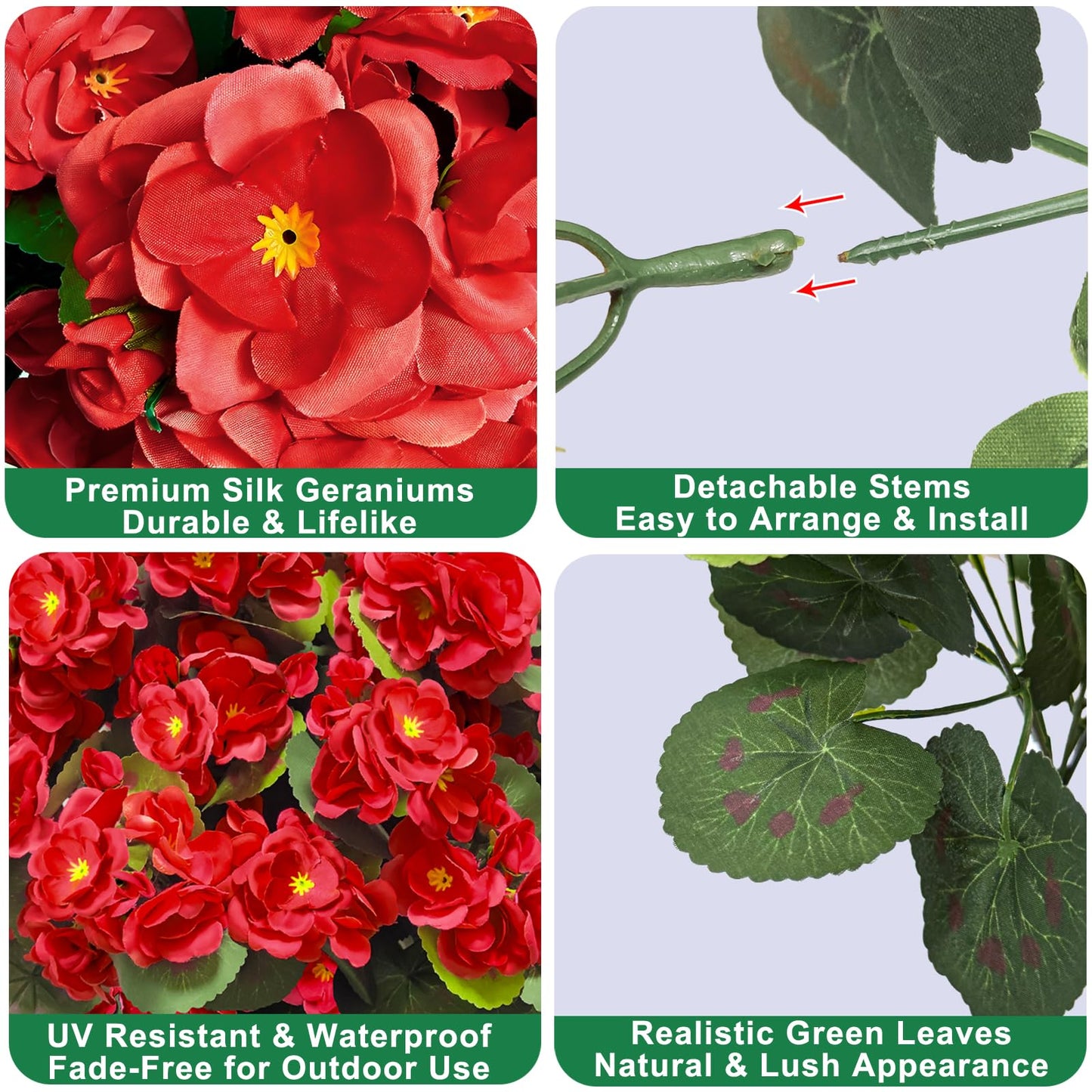TURNMEON Artificial Geraniums Flowers for Outdoors Summer Derby Day Decoration, 4 Bundles Fake Flowers Silk Red Flowers UV Resistant No Fade Faux Plants for Gardens Planter Patio Indoor Cemetery Decor