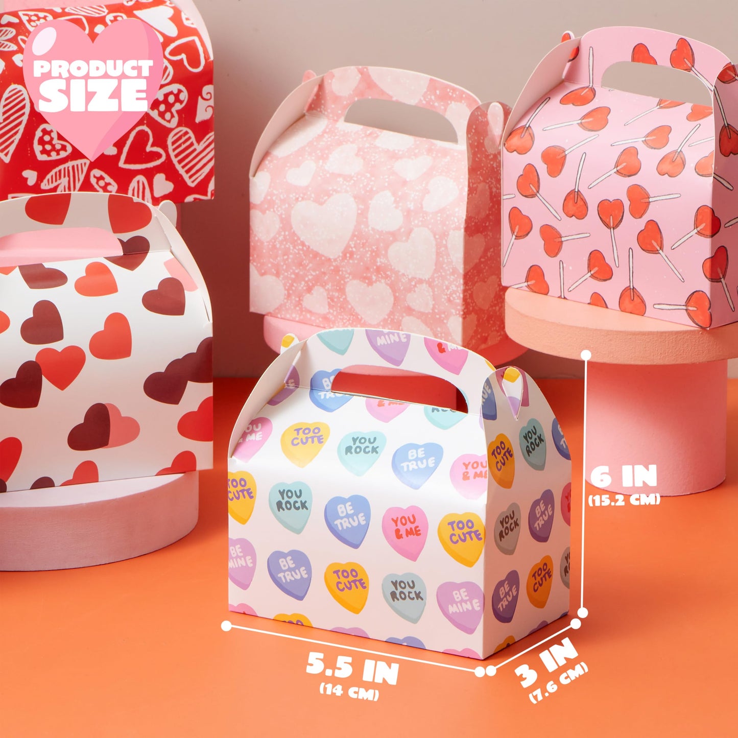 24 Pcs Valentine’s Day Gift Treat Boxes, Cookie Boxes with Colorful Heart shaped Design for Kids Party Favor, Classroom Exchange Prizes, Valentines Candy Boxes