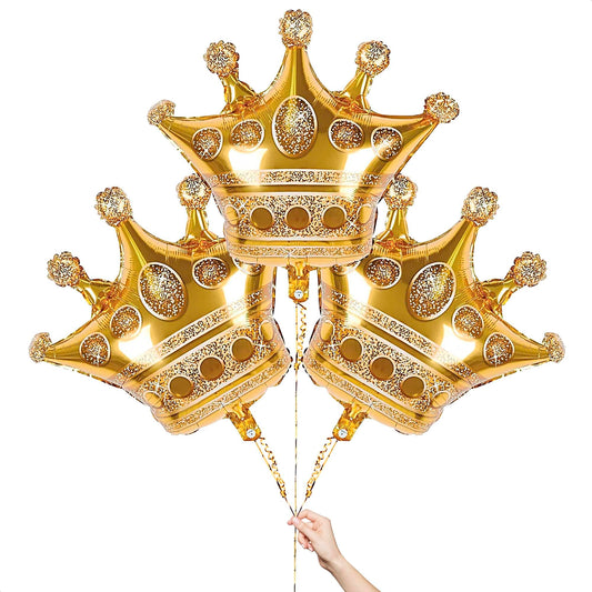 3 Pcs 38" Gold Crown Balloons – Large Gold Balloons with Royal Crown Shape, Reusable Aluminum Foil – Eye Catching Centerpiece for Princess Party Decor, Birthday Setup, Graduation and Photo Backdrop