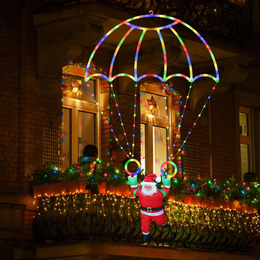 Christmas Decorations Lights Outdoor, 2.8FT Christmas Parachute Lights with Santa Claus, Waterproof 8 Modes Hanging Multicolor Xmas Light - Holiday Decorative Light for Indoor Eave Roof