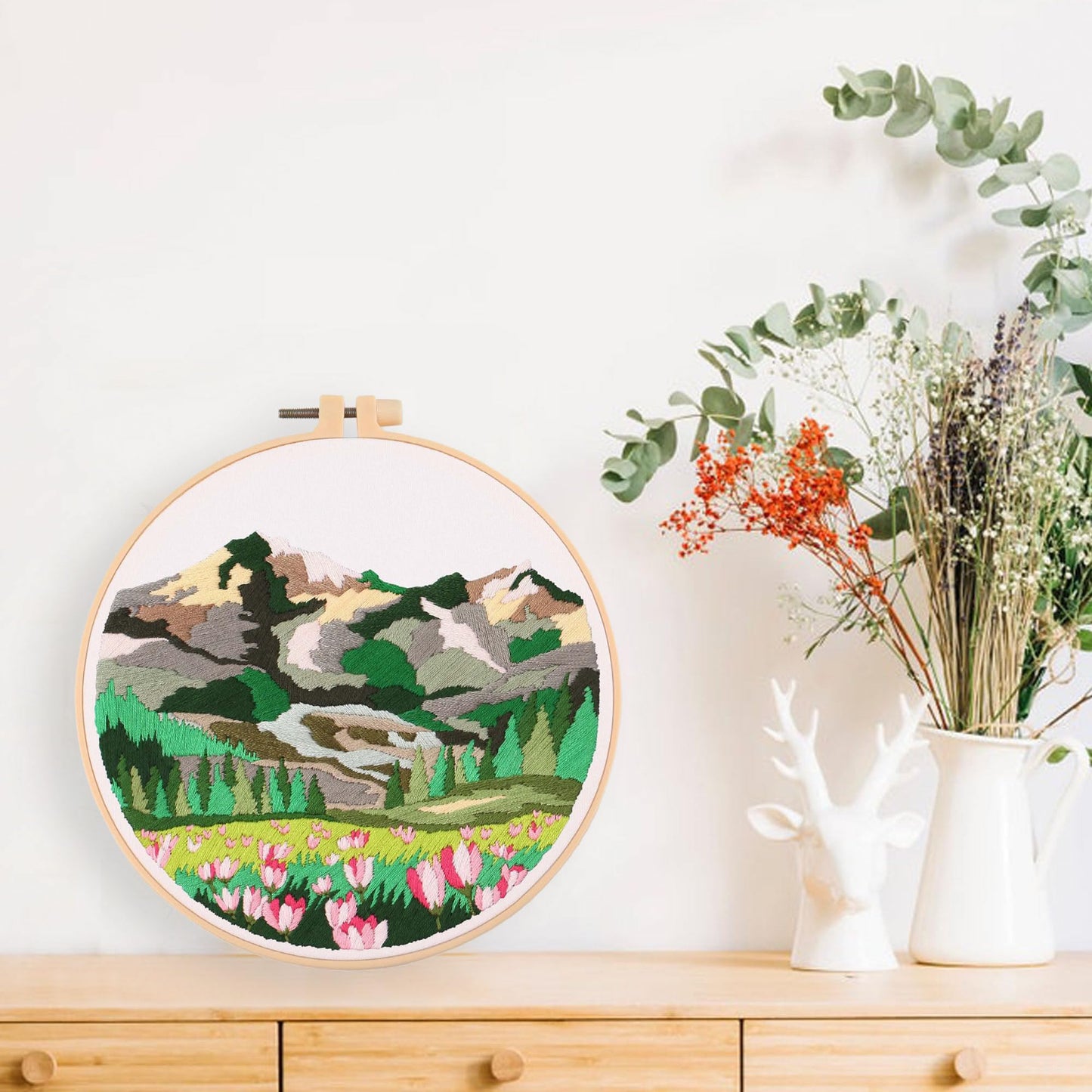 4P Beginner Embroidery Kit,Floral Plant Pattern,Cross Stitch Kits, Including Stamped Embroidery Cloth with 2 Embroidery Hoops, Color Threads and Embroidery Kits