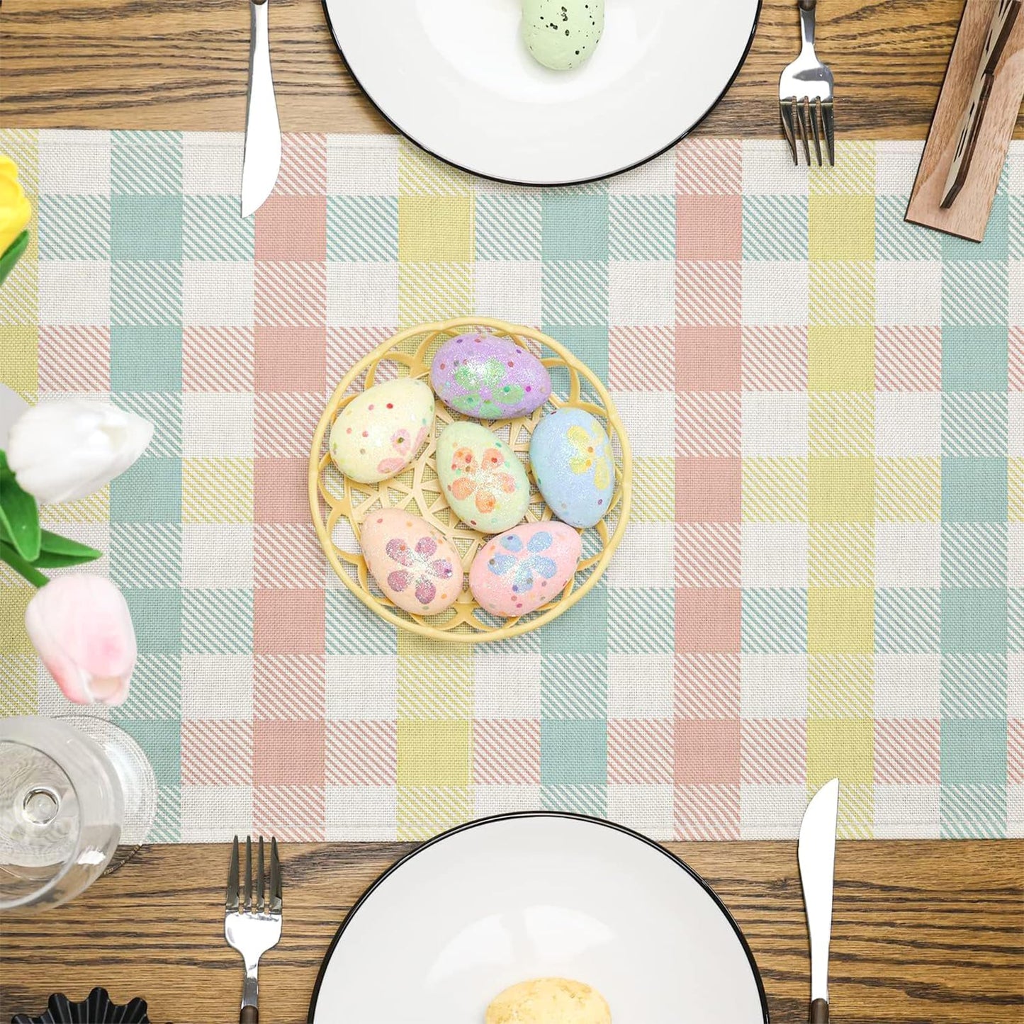 Buffalo Plaid Rabbit Bunny Happy Easter Table Runner, Easter Decorations, 13x72 Inch Check Stripes Kitchen Table Decor, Spring Kitchen Dining Table Decoration for Home Party Decor