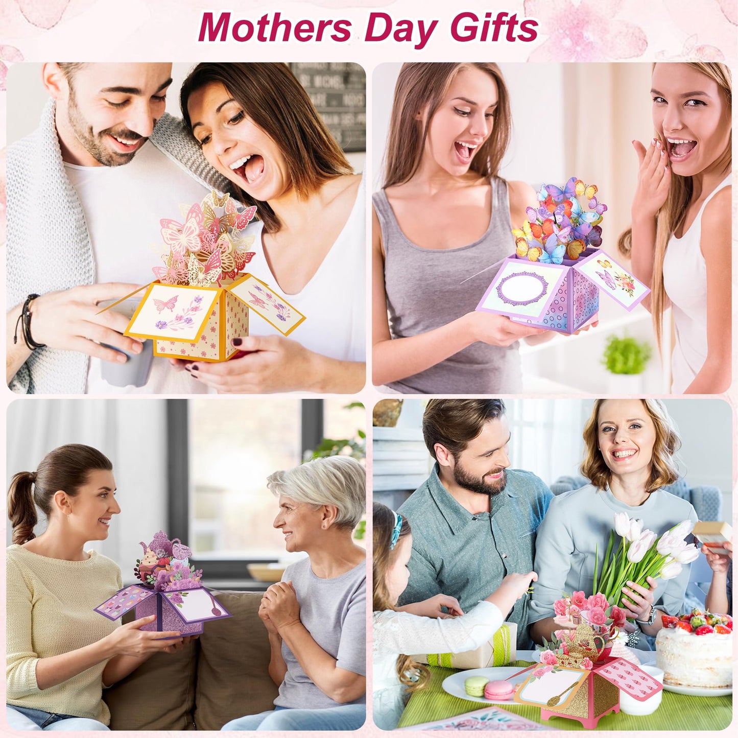Giiffu 4 Pack 3D Pop Up Birthday Cards for Women, Butterfly & Floral Tea Party Designs, Pop Up Flower Bouquet Cards with Envelopes & Notes, Birthday, Mothers Day, Thank You Cards