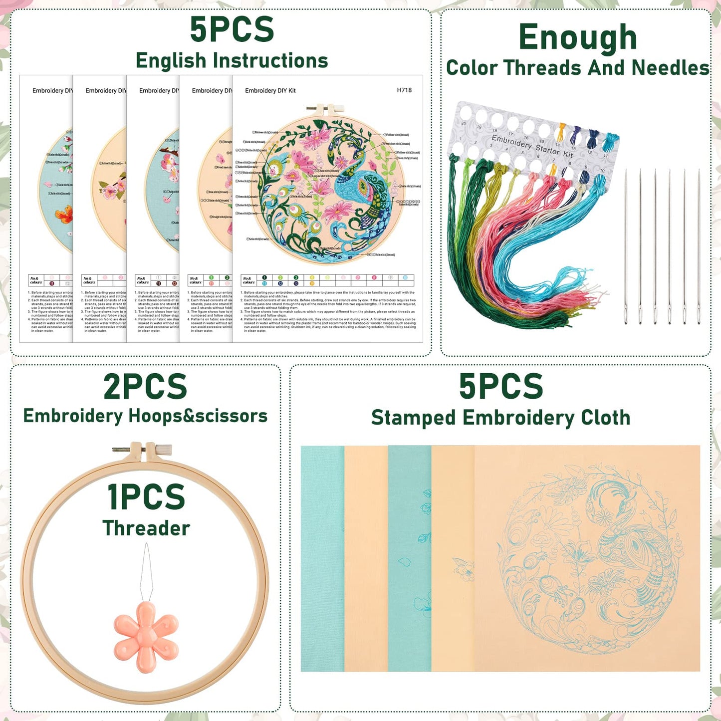 5 Sets Floral Embroidery Kit for Beginners Adults Flower Embroidery Starter Cross Stitch Kits with Flower Stamped Patterns and Instructions Include Hoop Threads Needles Fabric for Art Starter