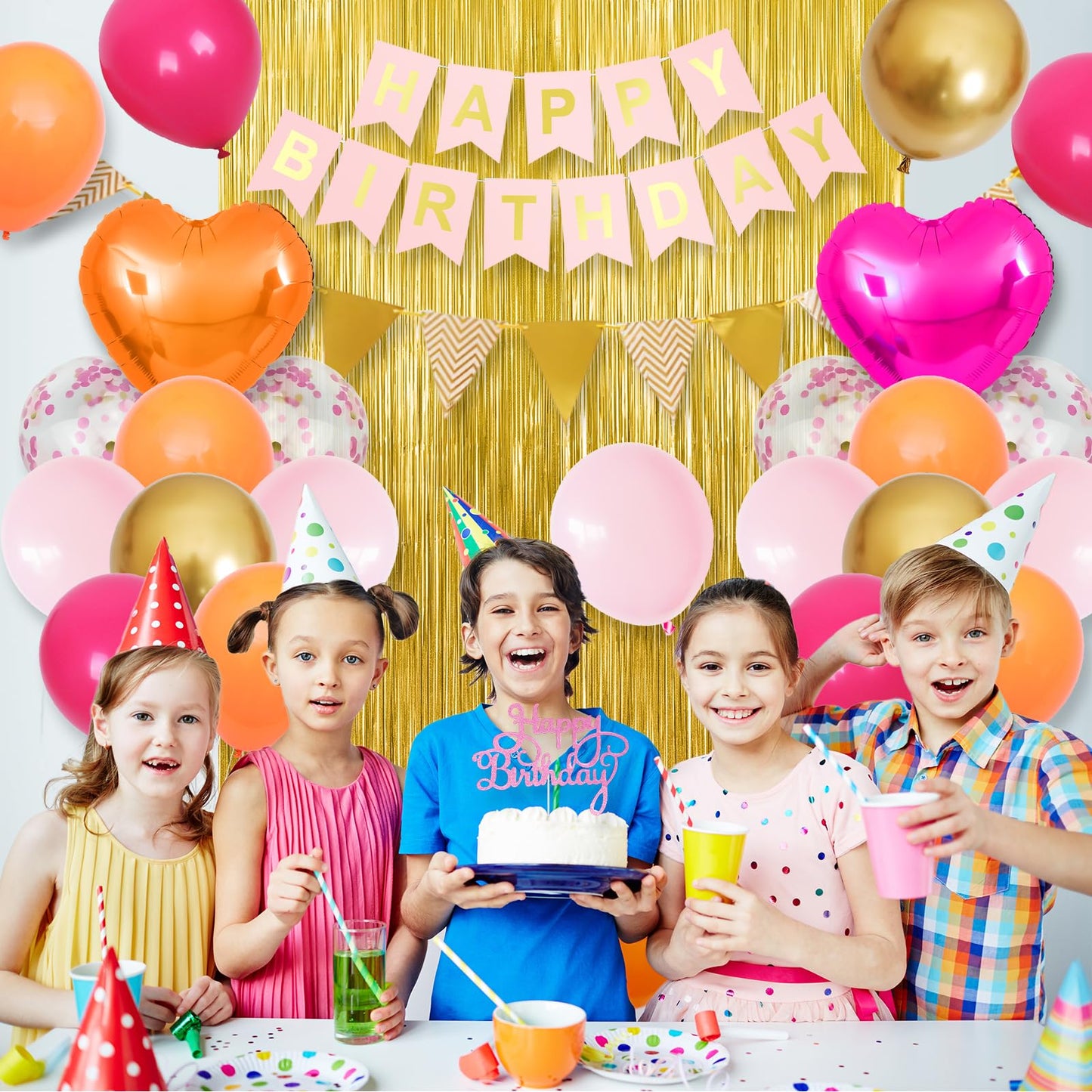 Pink Orange Party Decorations,Birthday Decorations with Hot Pink Orange Gold Balloons Happy Birthday Banner Fringe Curtain for Girls Women Teens Kids Party Decor