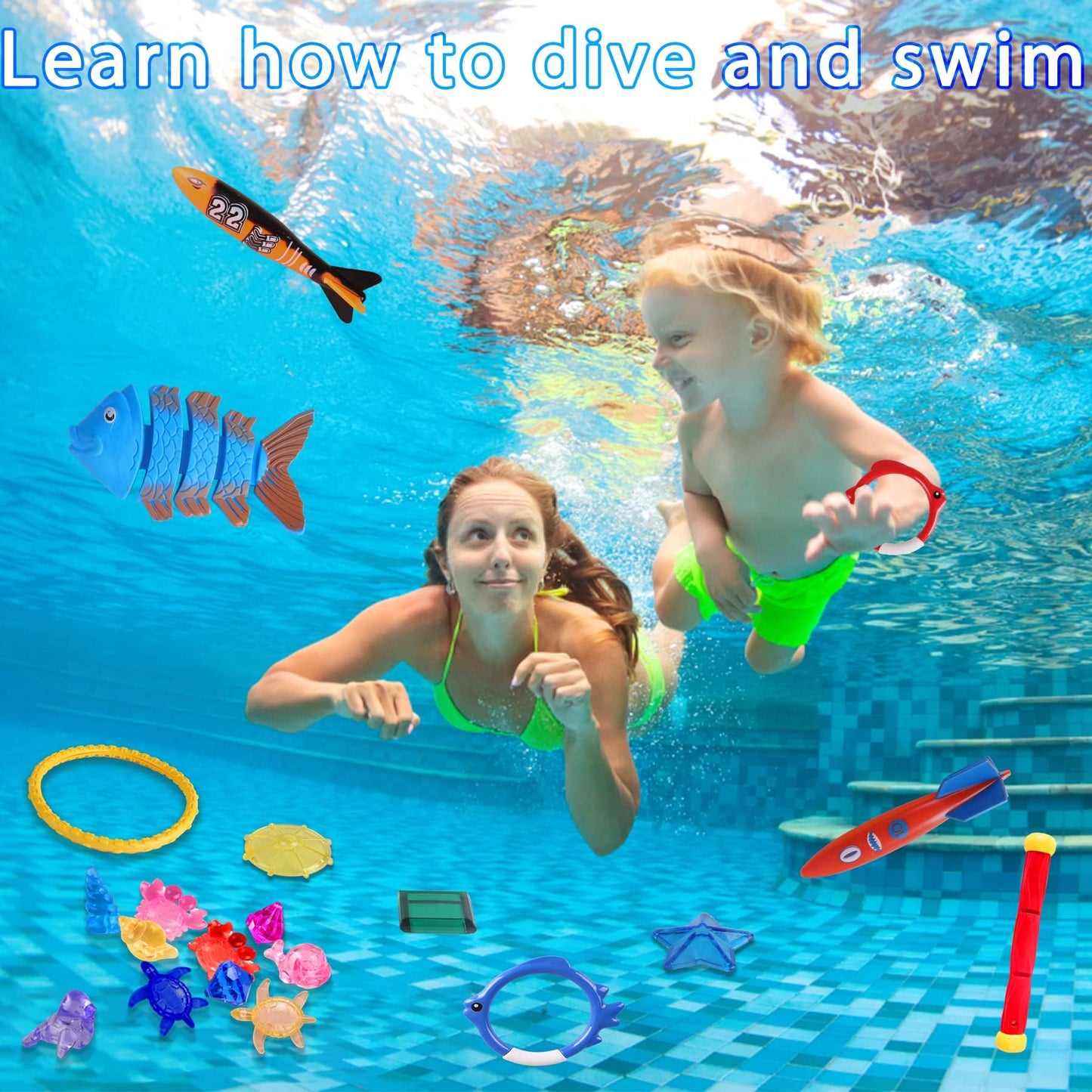 Woplagyreat 40 Pack Summer Pool Diving Toys for Kids Ages 3-12, Fun Swimming Games Sinking Toy Set, Underwater Gifts with Storage Bag Include Gems Shark Rings Sea Animals for Boys Girls