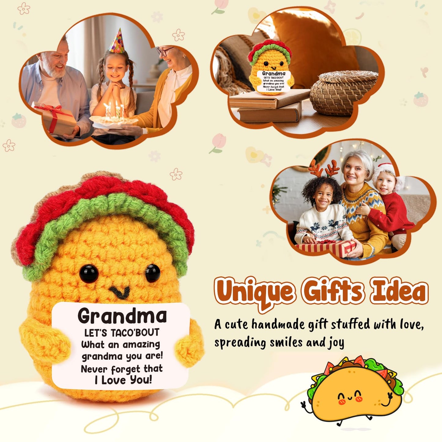 Grandma Gifts Valentines Birthday Gifts for Grandmother from Grandkids Gigi Gift for Great Best Grandma Ever Mothers Day Christmas Funny Granny Grandparents Mimi Nana Gigi Handmade Crochet Taco