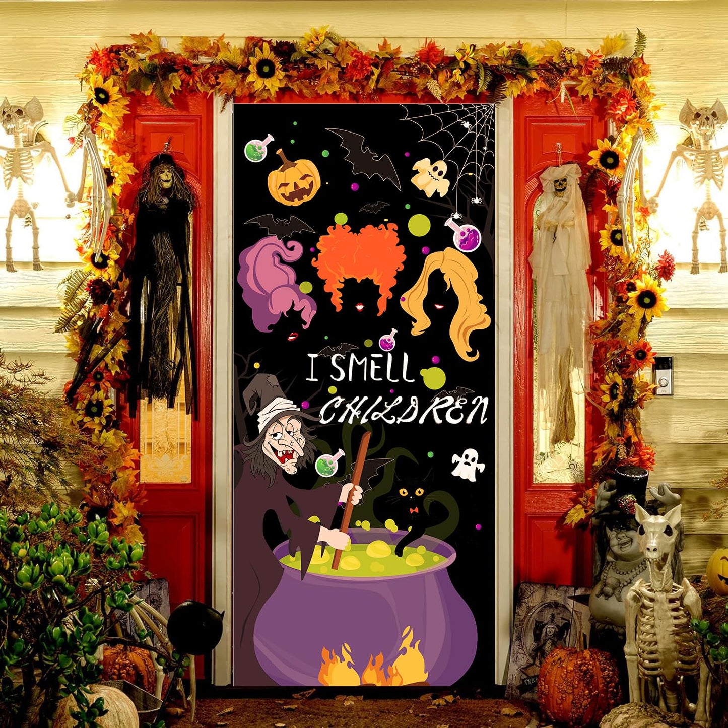 Halloween Door Cover - Large Fabric Party Sign, Hanging Banner for Witch Outdoor Porch, Front Wall Decor