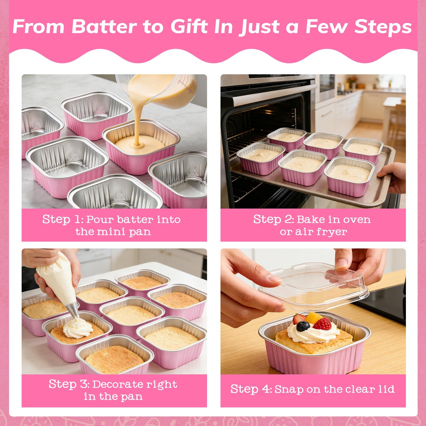 NPLUX 50 Pcs Mini Cake Pans with Lids and Spoons Aluminum Foil Mini Square Baking Cups with Lids Disposable Ramekins Cake Pans Dessert Cups for Wedding Mothers Day Gifts Party Favors(Pink,5oz)