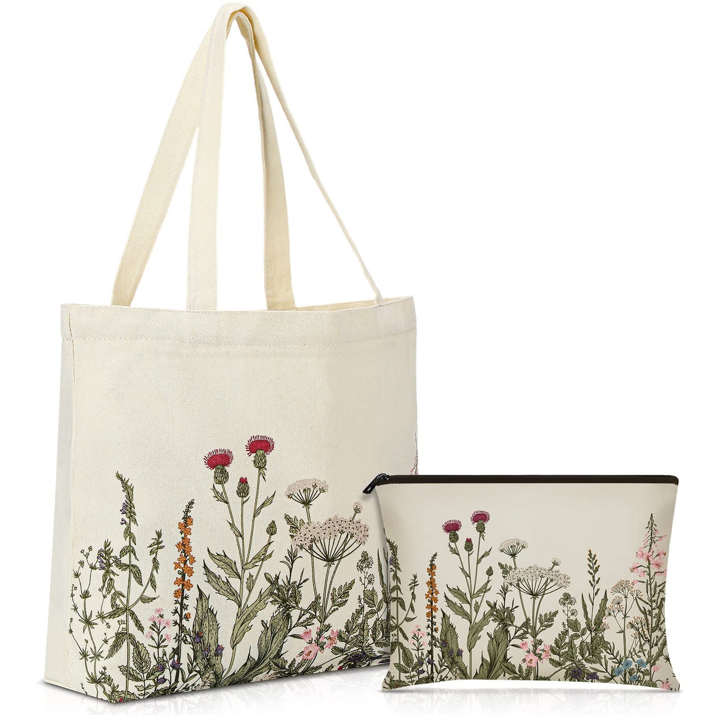 Sadnyy 2 Pcs Wildflower Aesthetic Canvas Tote Bags for Women with Makeup Zipper Pouch Mother's Day Cute Floral Reusable Shoulder Tote Bag for Graduation Teacher Beach Shopping Travel Work Gym Grocery
