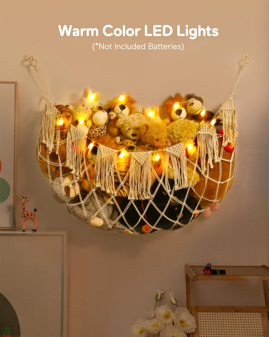 Stuffed Animal Storage Hammock with Lights- Boho Wall Hanging Plushie Net for Stuff Aanimal Organizer and Teddy Bear Storage, Small Toy Hammock for Kids Bedrooms Playroom Nursery(White Small)