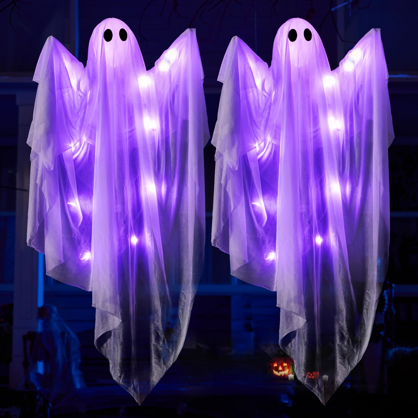 JOYIN 47” Halloween Hanging Light up Ghost Decoration Outdoor with Purple LED Light, 2 Pcs Halloween White Hanging Ghost for Haunted House Prop, Party Supplies, Front Yard Patio Garden Decor