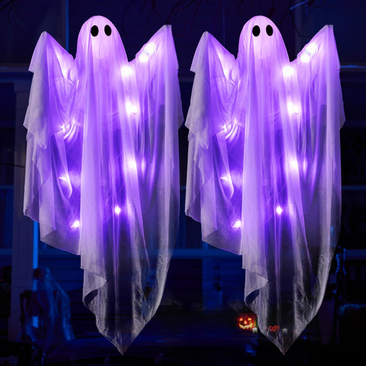 JOYIN 47” Halloween Hanging Light up Ghost Decoration Outdoor with Purple LED Light, 2 Pcs Halloween White Hanging Ghost for Haunted House Prop, Party Supplies, Front Yard Patio Garden Decor