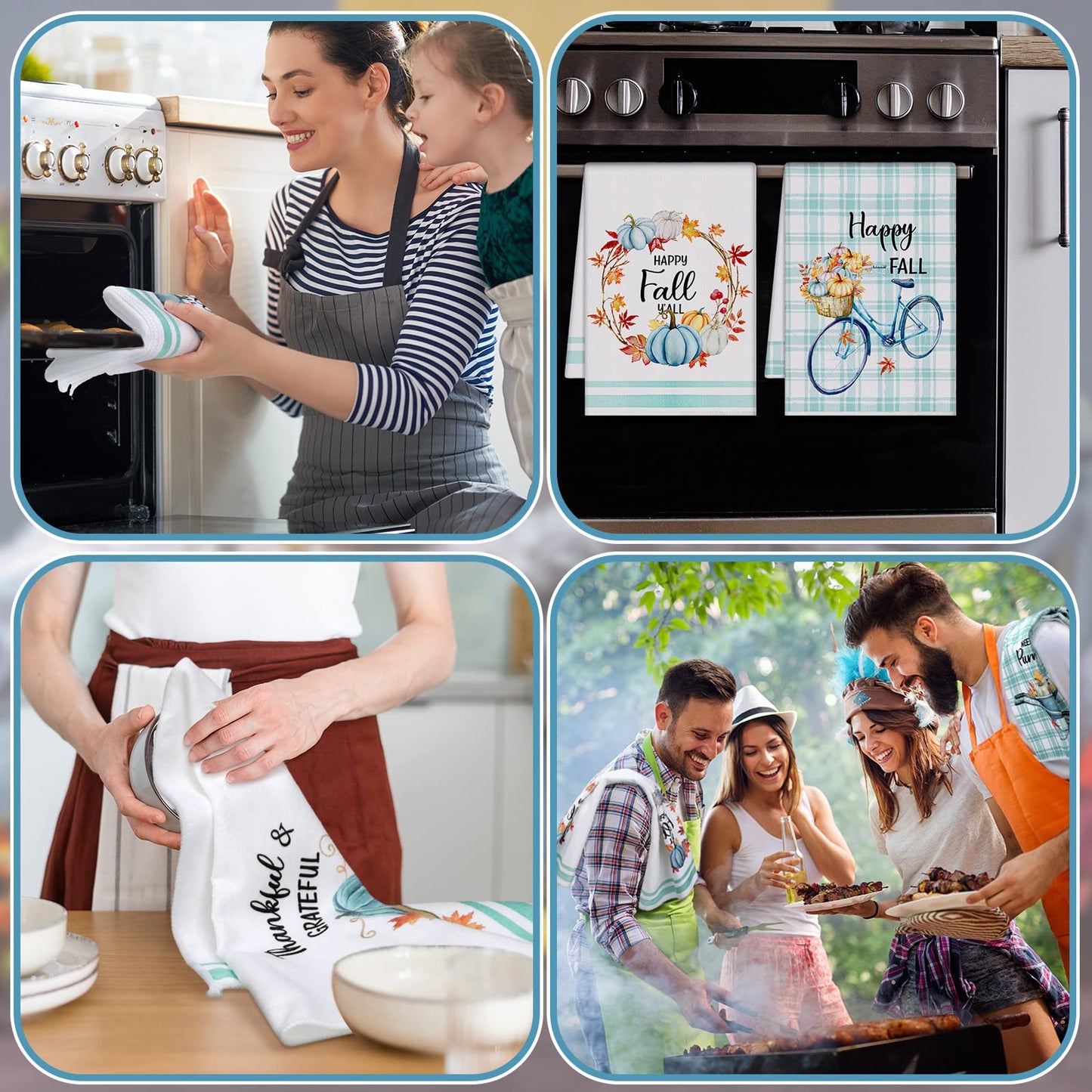 Sratte 6 Pcs Fall Kitchen Towels Blue Pumpkin Tea Dishtowels Absorbent Autumn Bathroom Hand Towels Thanksgiving Fall Decoration for Xmas Kitchen Bathroom Gifts