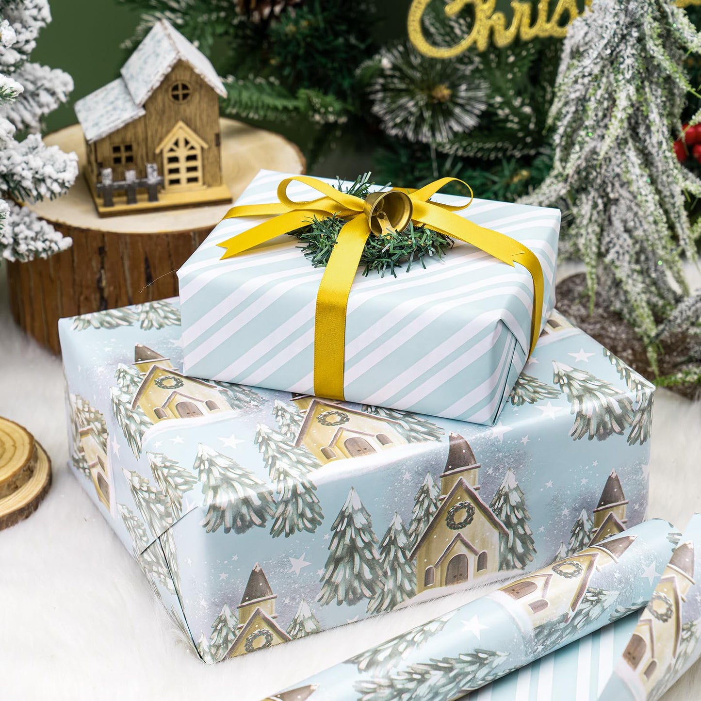 Reversible Christmas Wrapping Paper - Mini Roll - 17 Inch X 33 Feet - Silver and White Christmas Tree and House Printed on Pearlized Paper for Holidays