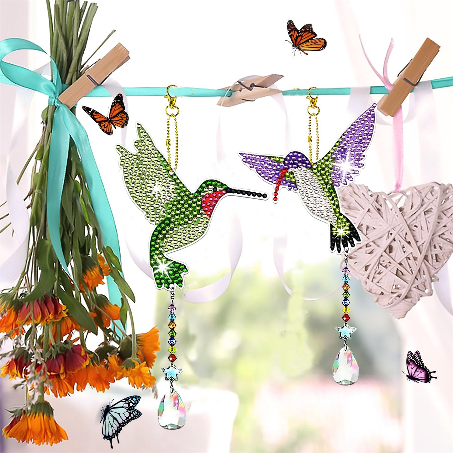 JeCuiK 6 Pcs Diamond Painting Wind Chimes Rhinestone Hummingbird Diamond Art Suncatcher Double Sided 5D DIY Diamond Painting Kits for Adults Christmas Ornament Best Gifts for Mom