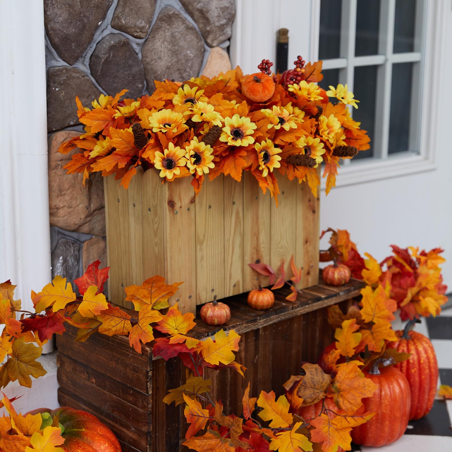 4Pcs Artificial Maple Leaf Pumpkin Branch with Berry and Sun Flowers, Autumn Floral Branch for DIY Arrangment Decor