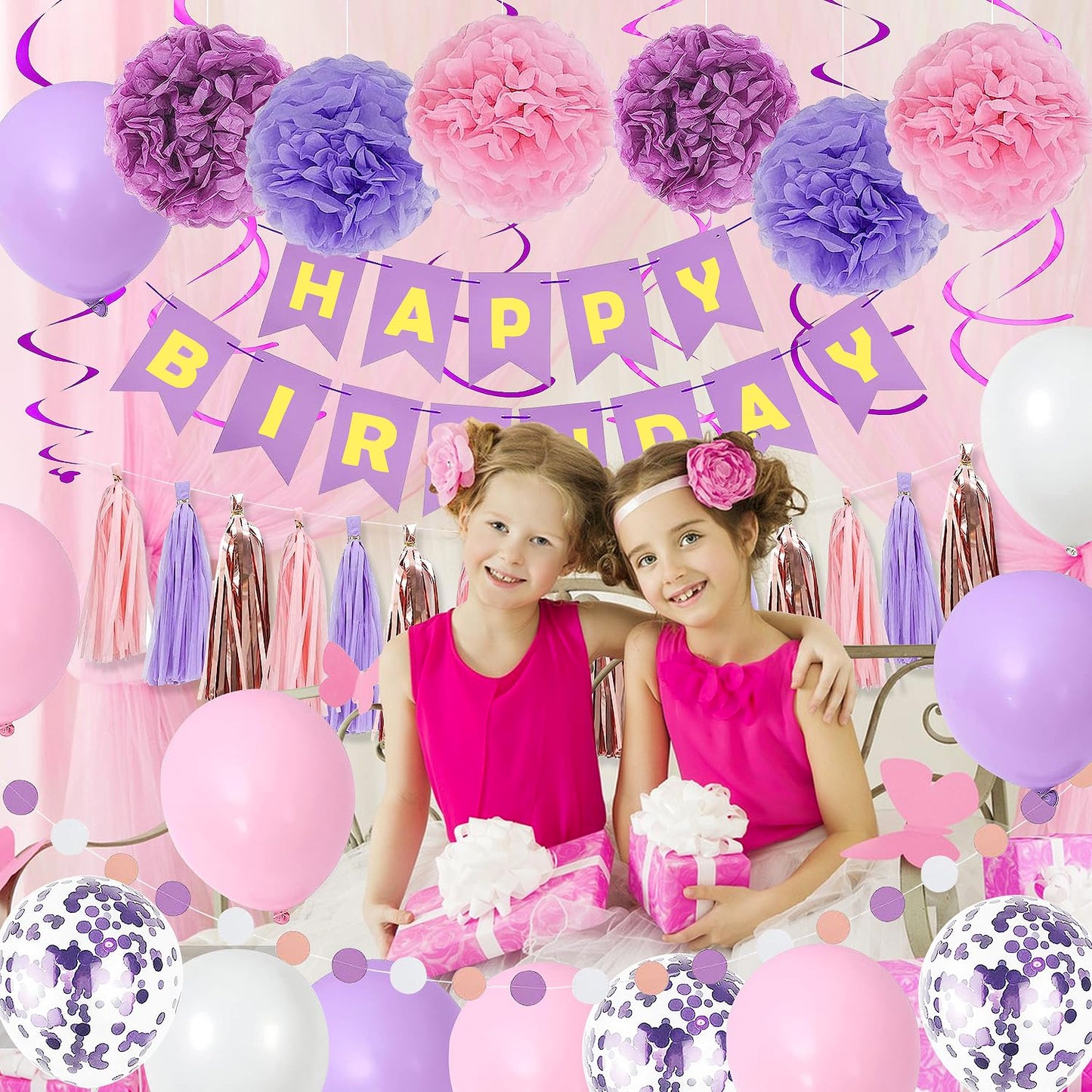 Purple Pink Birthday Party Decorations for Women Girls with Happy Birthday Banner,Hanging Swirls,Tissue Paper Pompoms,Circle Dots Garland,Tassel Garland Purple Birthday Balloons (Purple)