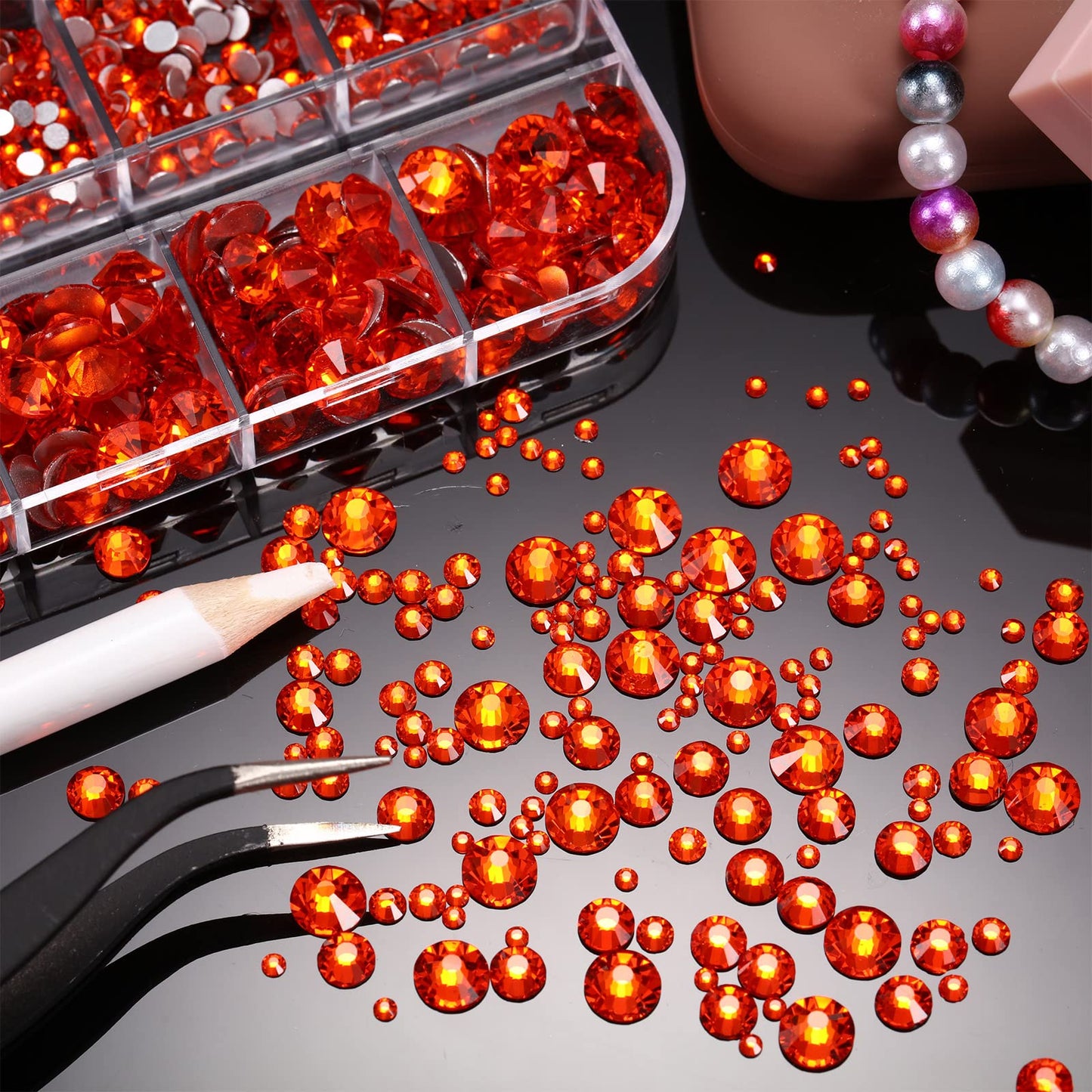 2000 Pieces Flat Back Gems Rhinestones 6 Sizes (1.5-6 Mm) Round Crystal Rhinestones with Pick up Tweezer and Rhinestones Picking Pen for Crafts Nail Clothes Shoes Bags DIY Art (Orange)