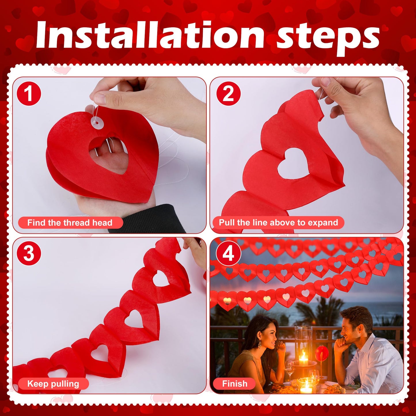 Tlswshsy 10Pcs Valentines Day Heart Garland Banner, 100Ft Pre-Strung Red Heart Paper Garland, Heart Shape Hanging Paper Decoration for Valentines Engagement Wedding Party Anniversary Birthday Supply