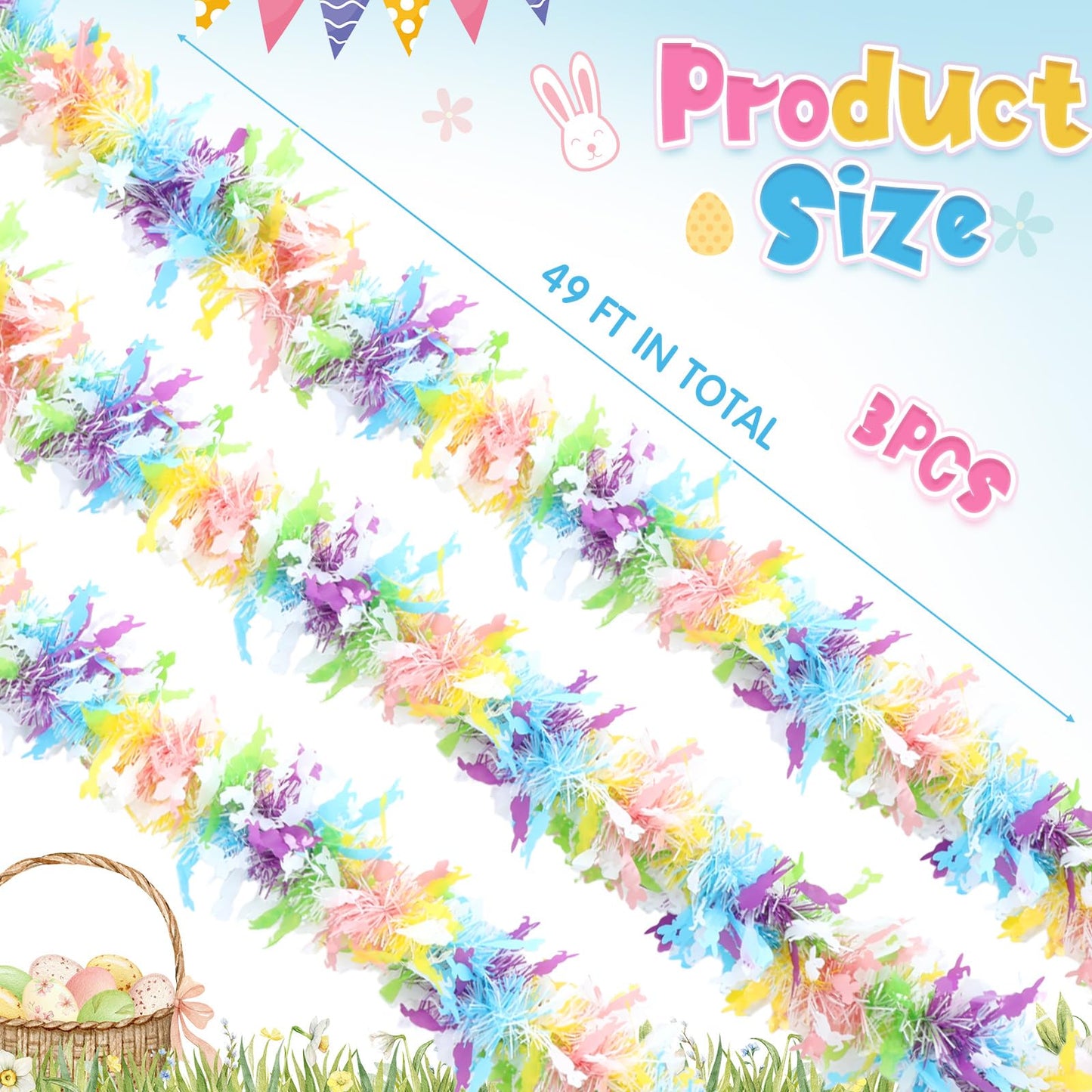 3 Pieces 49 ft Easter Tinsel Garland Decorations Pastel Pink Blue Yellow Metallic Festooning Garland Glittering Sparkling for Easter Party Spring Festival Indoor Outdoor Hanging Decor Holiday