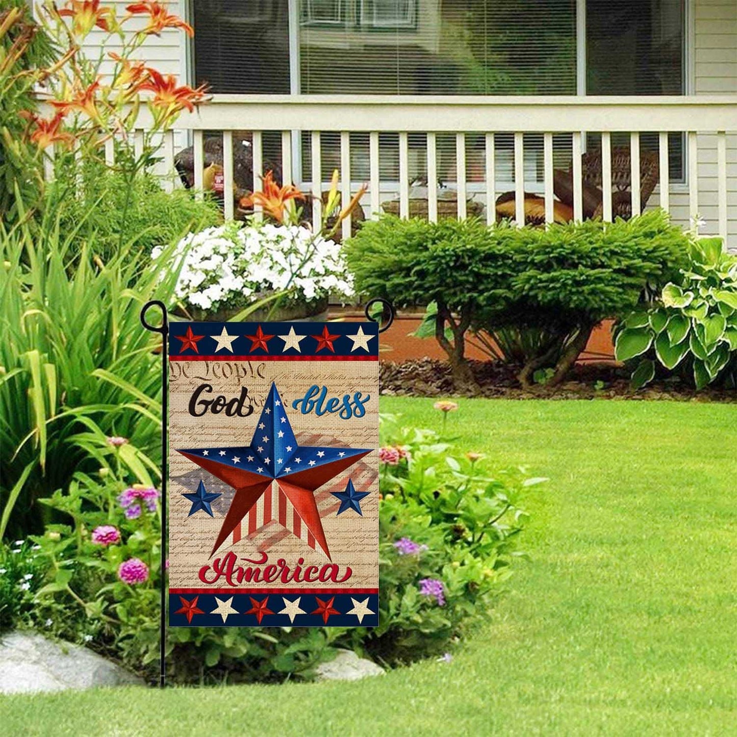 Patriotic God Bless America 4th of July Garden Flag 12 x 18 Inch Vertical Double Sided Blue Red Star Independence Day Memorial Day Yard Outside Décor