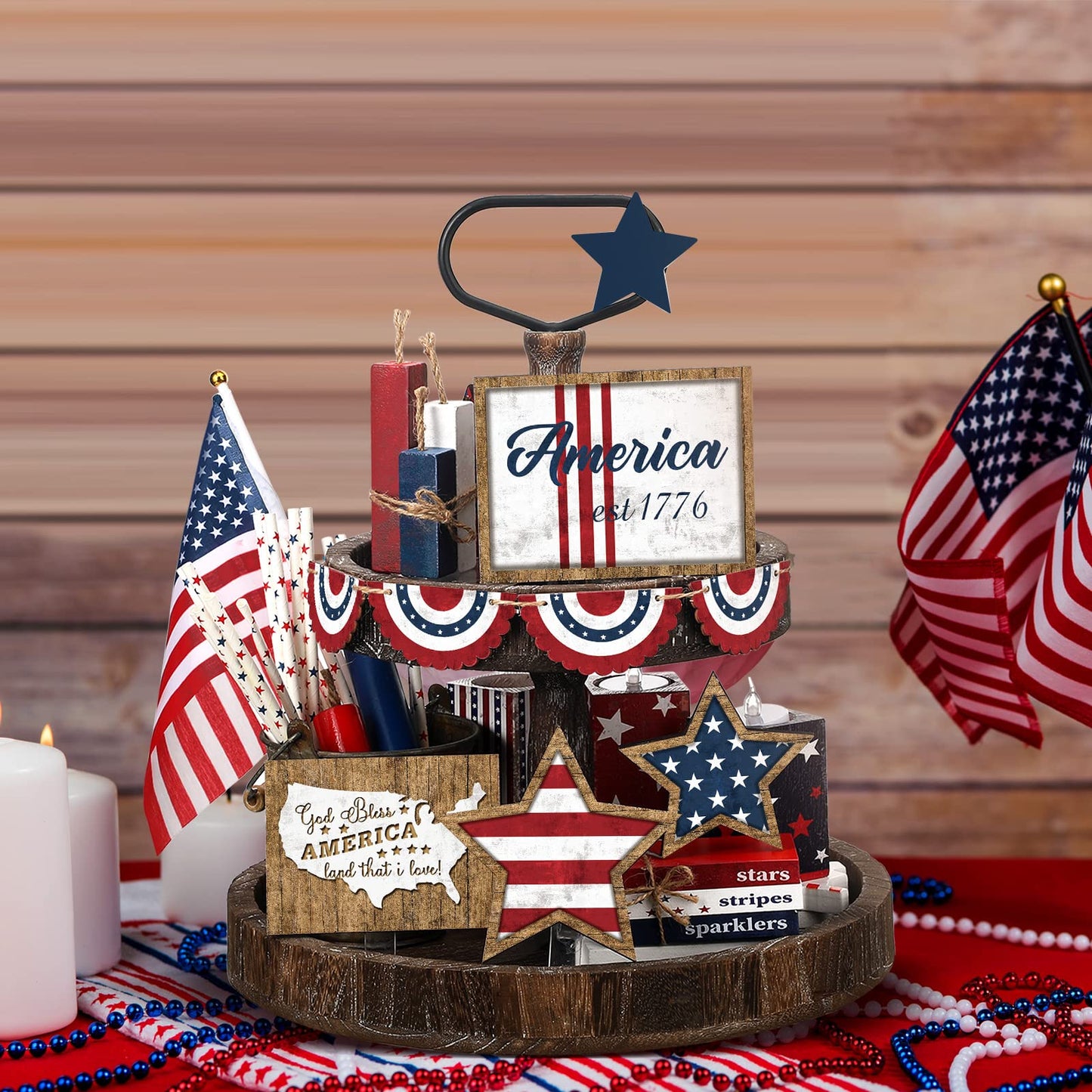 FairySandy 13 Pcs Memorial Day Decorations American 4th of July Patriotic Tiered Tray Decor Rustic 250th Anniversary Farmhouse Table Wooden Sign USA Flag Star Red White Blue for Independence Day Party