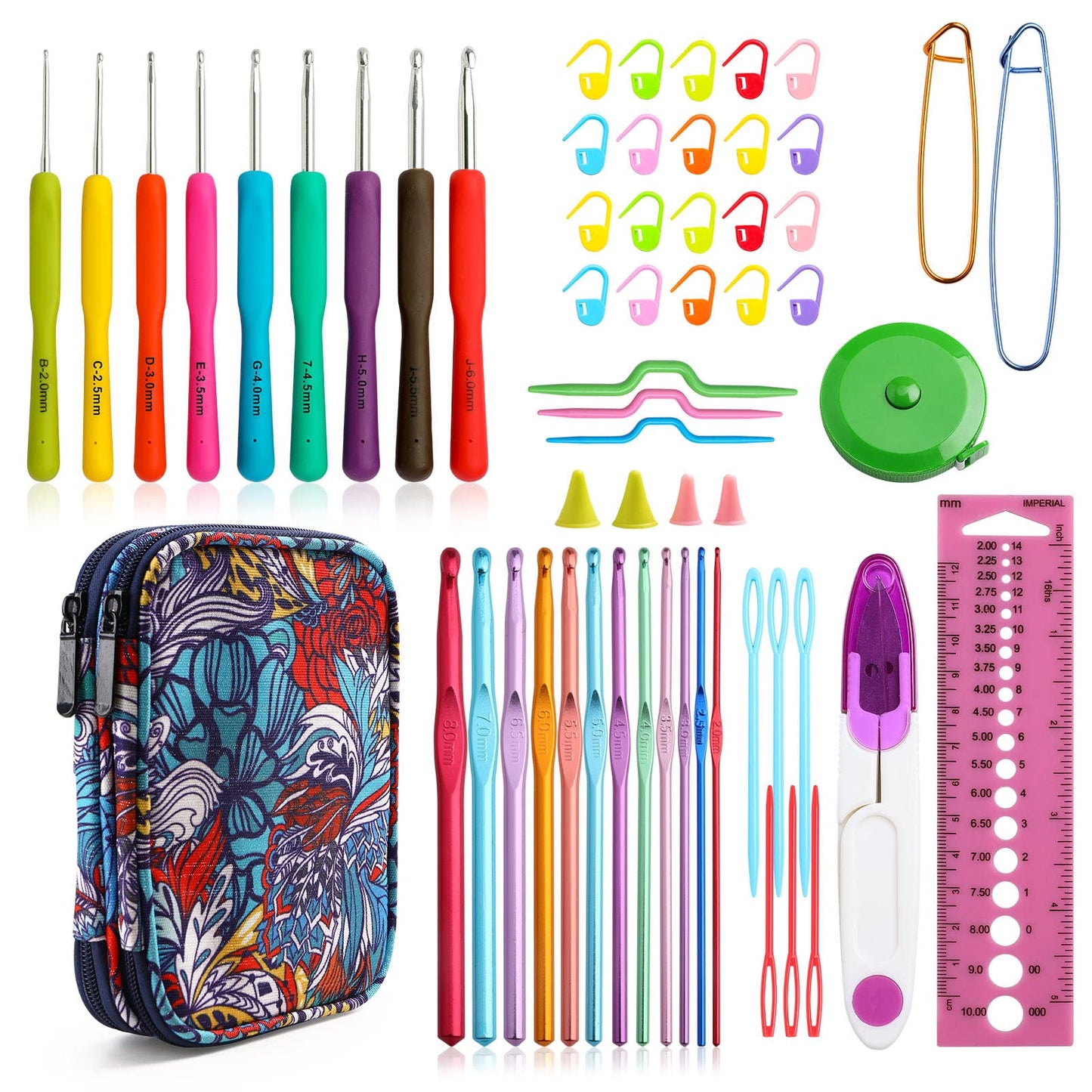 KOKNIT Crochet Hooks Set with Storage Case - 9 Soft Grip Ergonomic Crochet Needles,12 Coloured Aluminum Yarn Crocheting Crochet Hooks,Crochet Kit with Crochet Supplies and Accessories