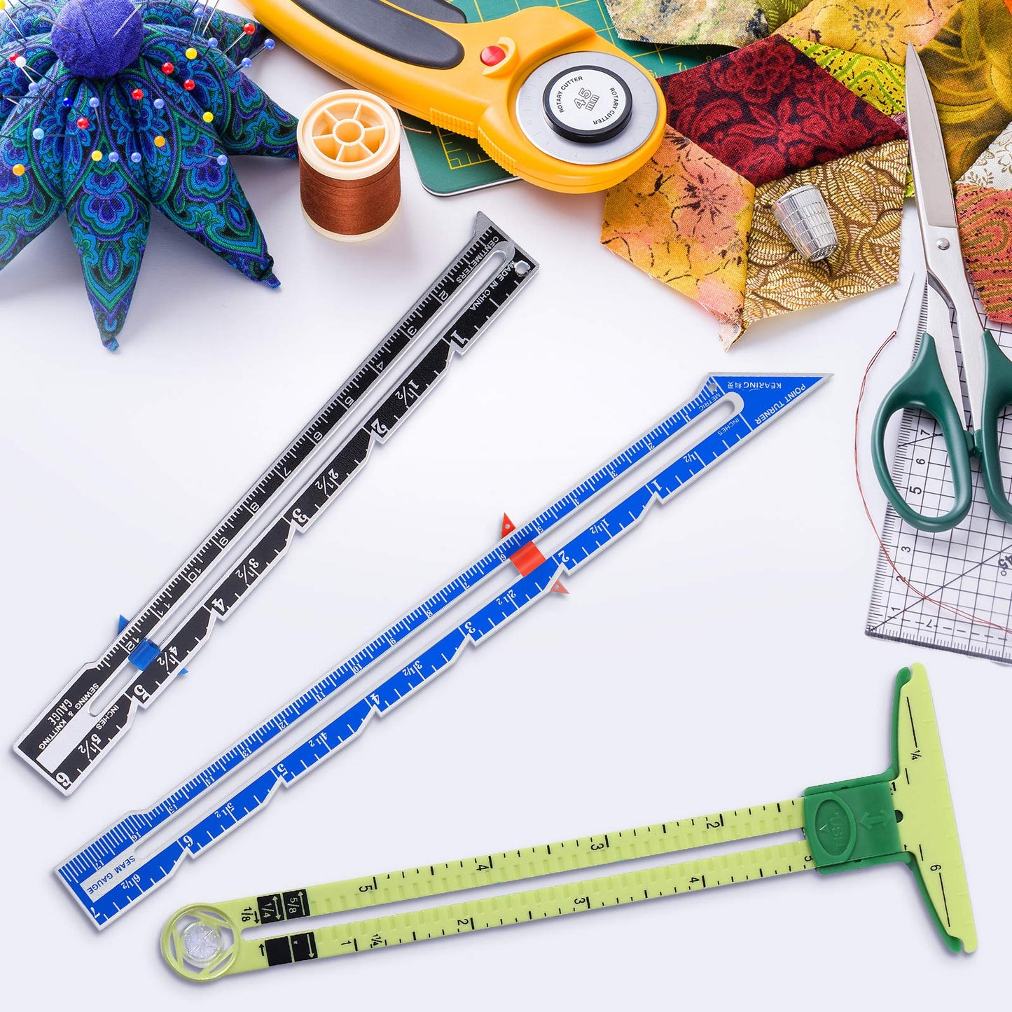 3 Pieces Sliding Gauge Measuring Sewing Tool Set Measuring Sewing Gauge 5-in-1 T-Shaped Sliding Gauge Ruler Fabric Quilting Ruler for Beginner Knitting Crafting Sewing Supplies