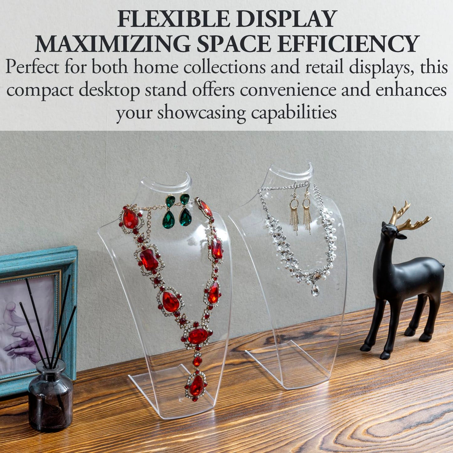 MyGift 12 Inch Clear Acrylic Necklace and Earring 3D Bust Jewelry Display Stand, Tabletop Neck Form Base Chain Holder for Home or Retail Showcase, Set of 2
