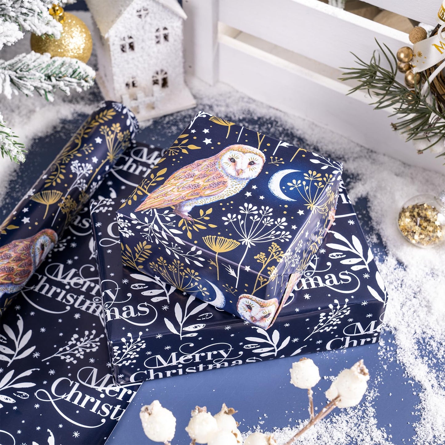 Reversible Wrapping Paper Roll - Mini Roll - Navy Blue Owl Pattern Great for Christmas, Party, Holiday - 17.5 Inches X 32.8 Feet