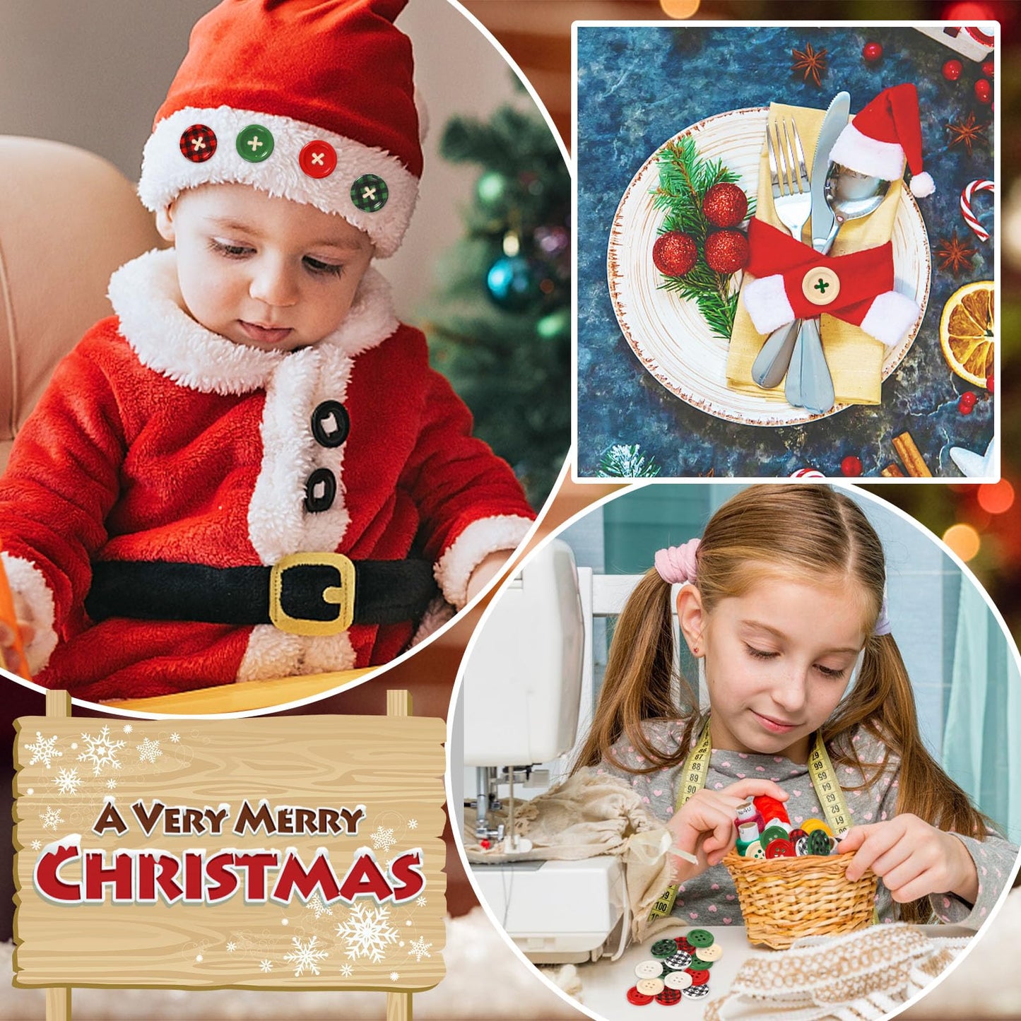 JUNEBRUSHS 260pcs Christmas Buffalo Plaid Wooden Buttons 4 Holes Round Wood Sewing Buttons for Christmas Stocking Decorative DIY Sewing Crafts Handmade Projects