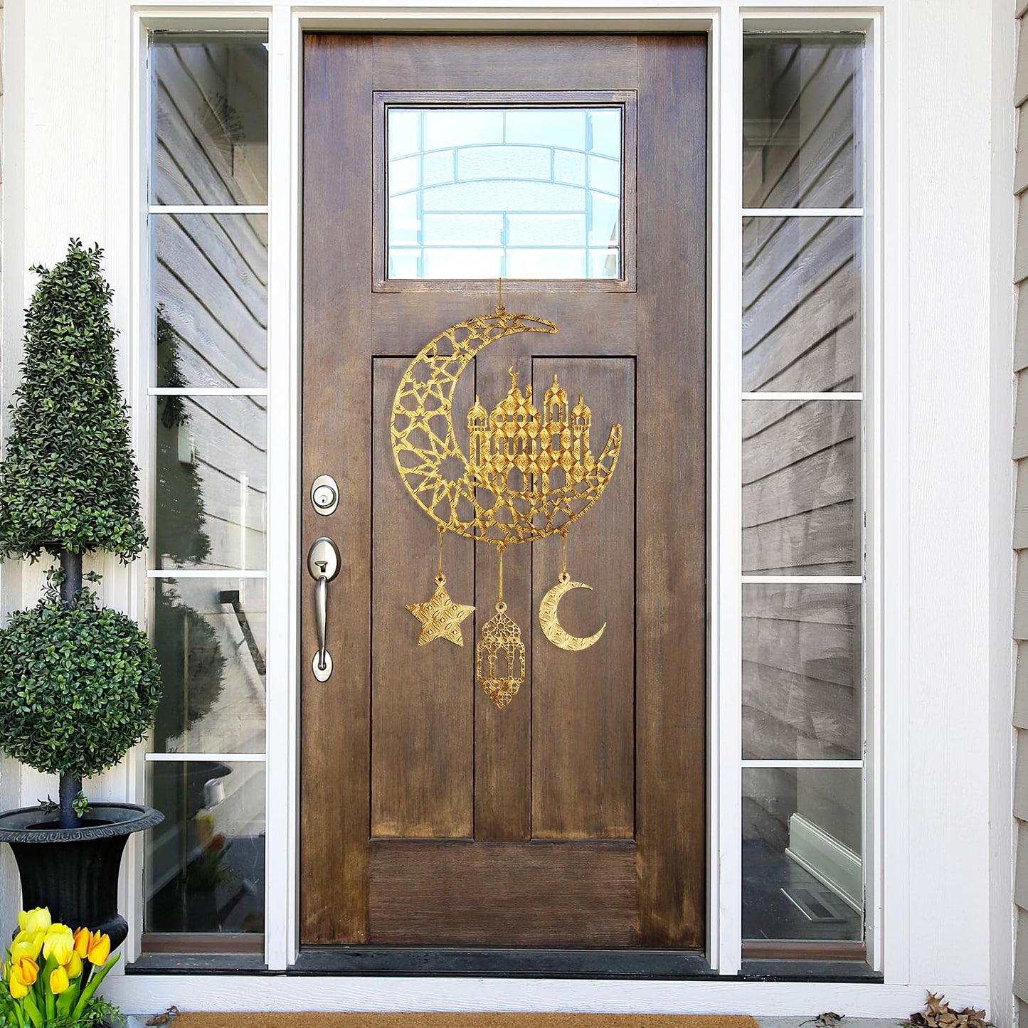 2 Pieces Eid Mubarak Door Sign Wooden Hanging Signs, Ramadan Kareem Hollow Ornament Decorations Moon and Stars, Moon Shape Ramadan Mubarak Party Wood Wall Hanger for Islamic Muslim Home Decor