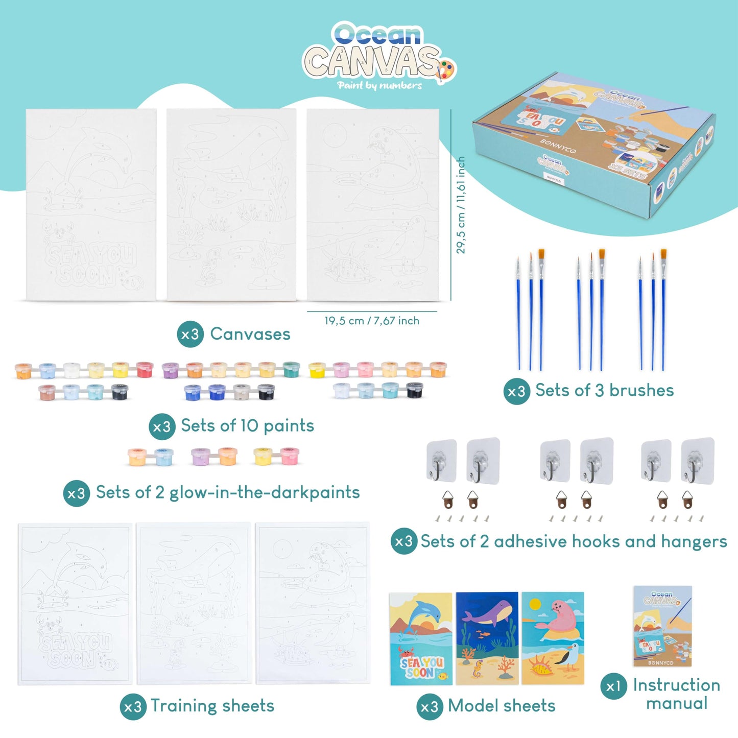 BONNYCO Paint by Numbers Kit for Kids Sea Animals Pack 3 Canvas. Paint by Number Canvas Framed, Ocean Gifts for Kids. Arts and Crafts 4-6 8-12, Pintar por Numeros. Pre Drawn Painting Under Sea Crafts