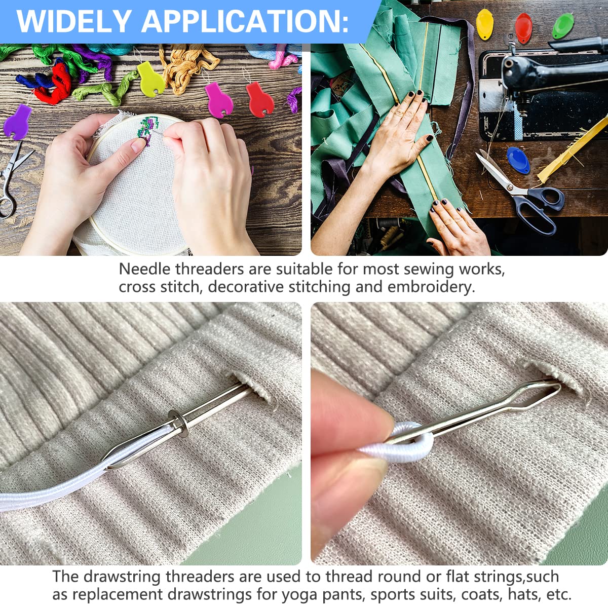 Needle Threader for Hand Sewing & Sewing Machine - 10 Simple Needle Threaders for Embroidery Floss + 2 Seam Rippers + 2 Drawstring Threaders + 5 Needles