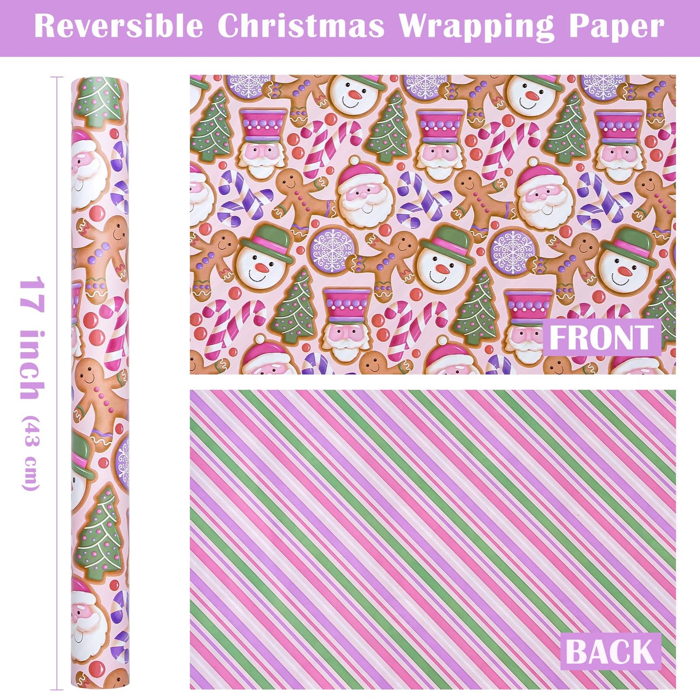 Reversible Gingerbread Christmas Wrapping Paper - Mini Roll - 17 Inch x 33 Feet - Pink Purple Stripes and Gingerbread Wrapping Paper for Xmas Holiday, Party Celebration