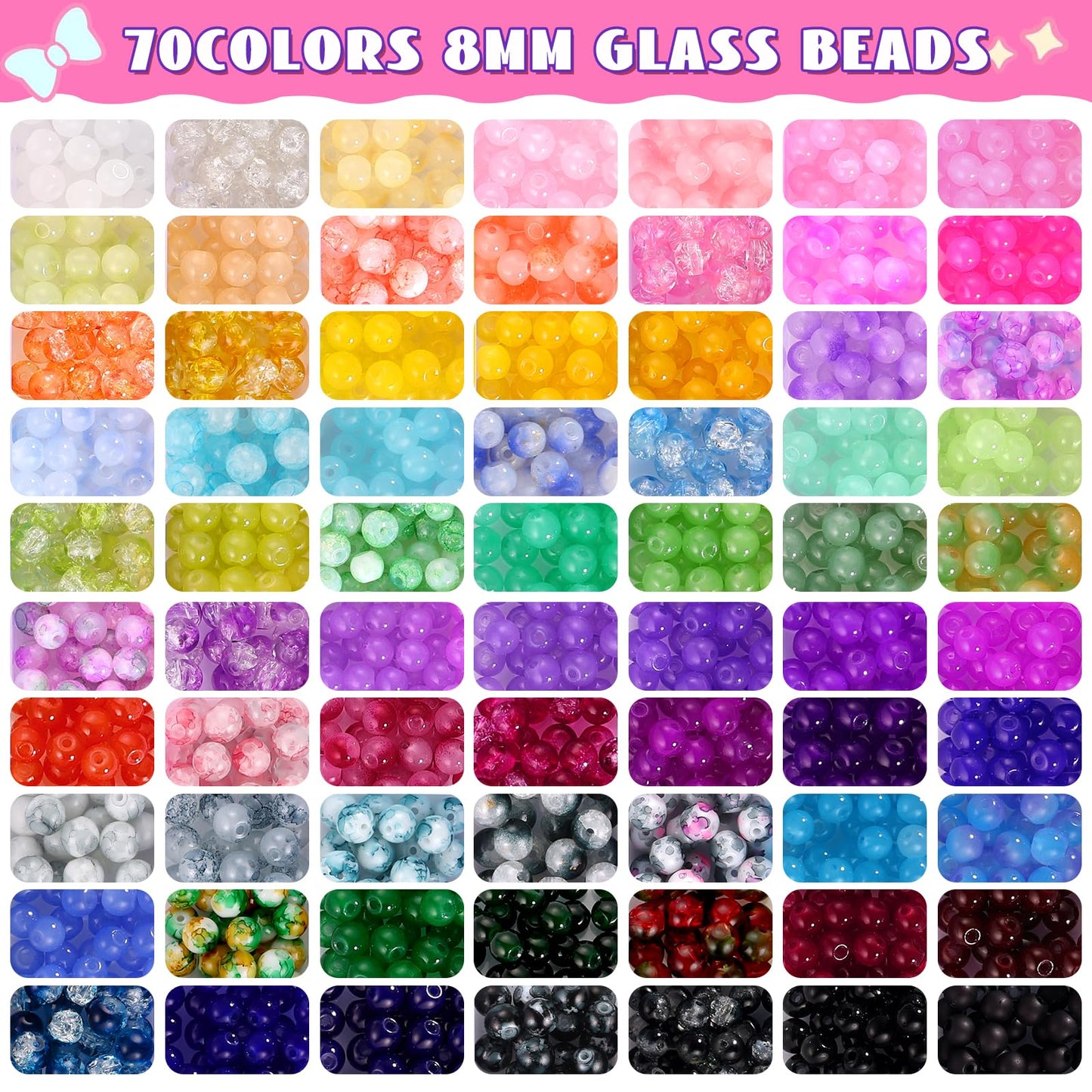 8mm Glass Beads Bracelet Making Kit, 1540pcs 70 Colors Crystal Beads for Jewelry Making, Funtopia Round Glass Beads for Bracelets and DIY Crafts, Solid and Crackle Colors
