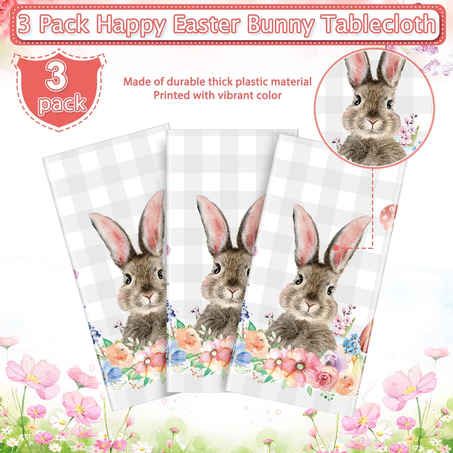 3Pcs Spring Easter Bunny Buffalo Plaid Checkered Tablecloth Decorations,Plastic Rabbit Egg Floral Pastel Dinner Table cover for Indoor Outdoor Birthday Easter Baby Shower Party Supplies,54x108 Inch