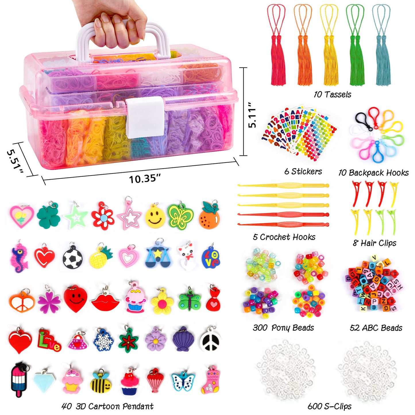INSCRAFT 17500+ Rubber Loom Bands with 3 Layer Pink Container, 28 Colors, 600 S-Clips, 352 Beads, 40 Cartoon Pendant, Bracelet Making Refill Kit for Kids